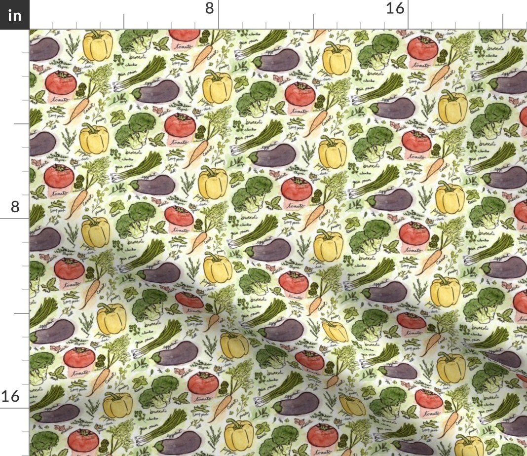 Colorful Vegetables Watercolor Garden Veggies Kitchen Small Scale Custom Printed Fabric by Spoonflower Various Fabrics by the Yard or Fat Quarter