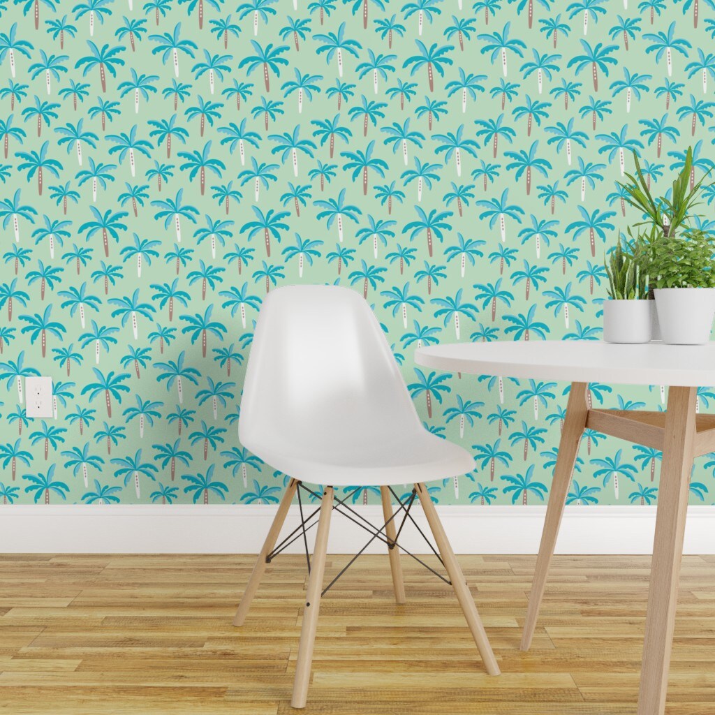 Peel &#x26; Stick Wallpaper 2FT Wide Green Trees Tree Palm Sun Jungle Summer Beach Tropical Hawaii Island Surf Palms Coastal Chic Small Scale Custom Removable Wallpaper by Spoonflower