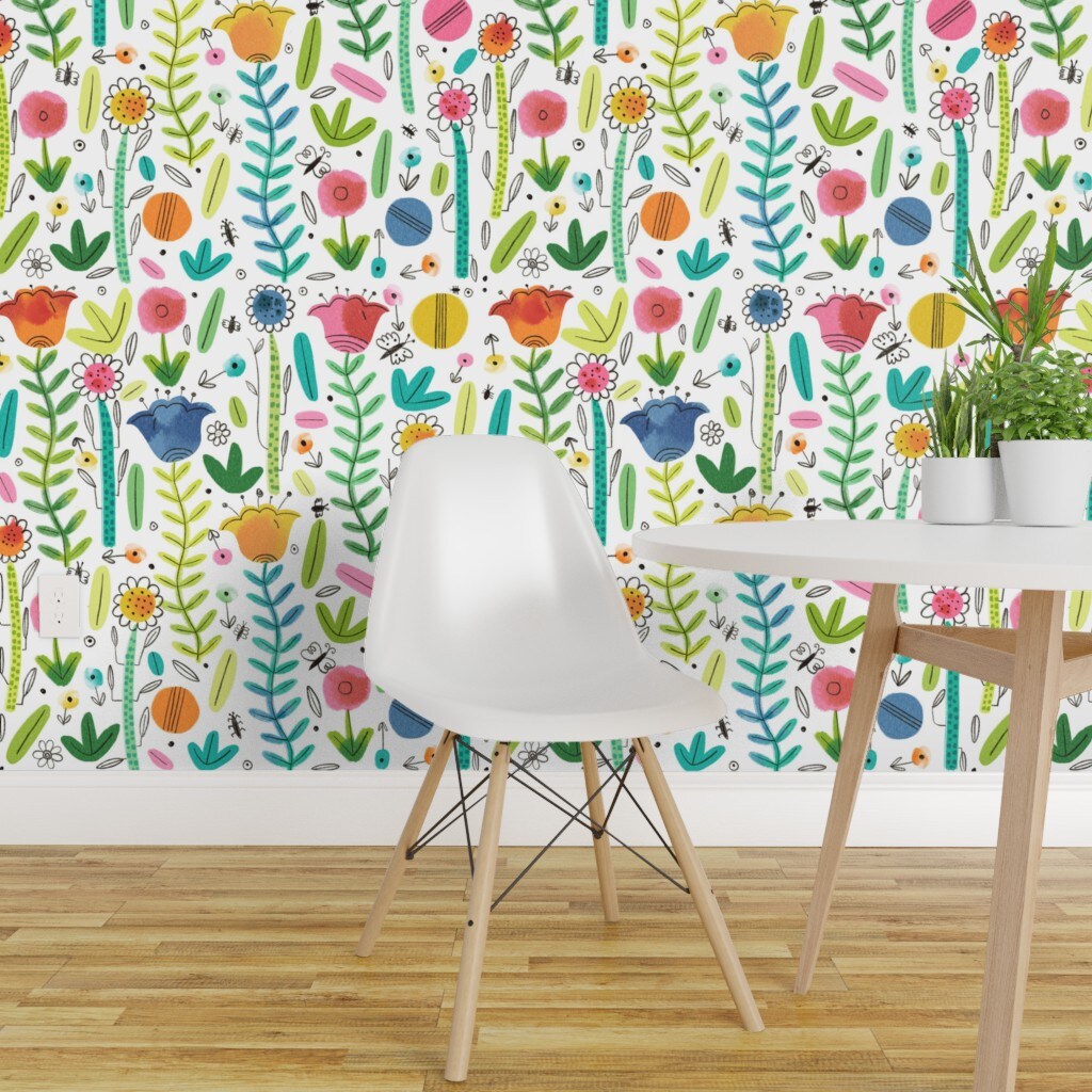 Pre-Pasted Wallpaper 2FT Wide Spring Floral Bright Flowers Plants Colourful Hand Drawn Watercolor Insects Custom Pre-pasted Wallpaper by Spoonflower