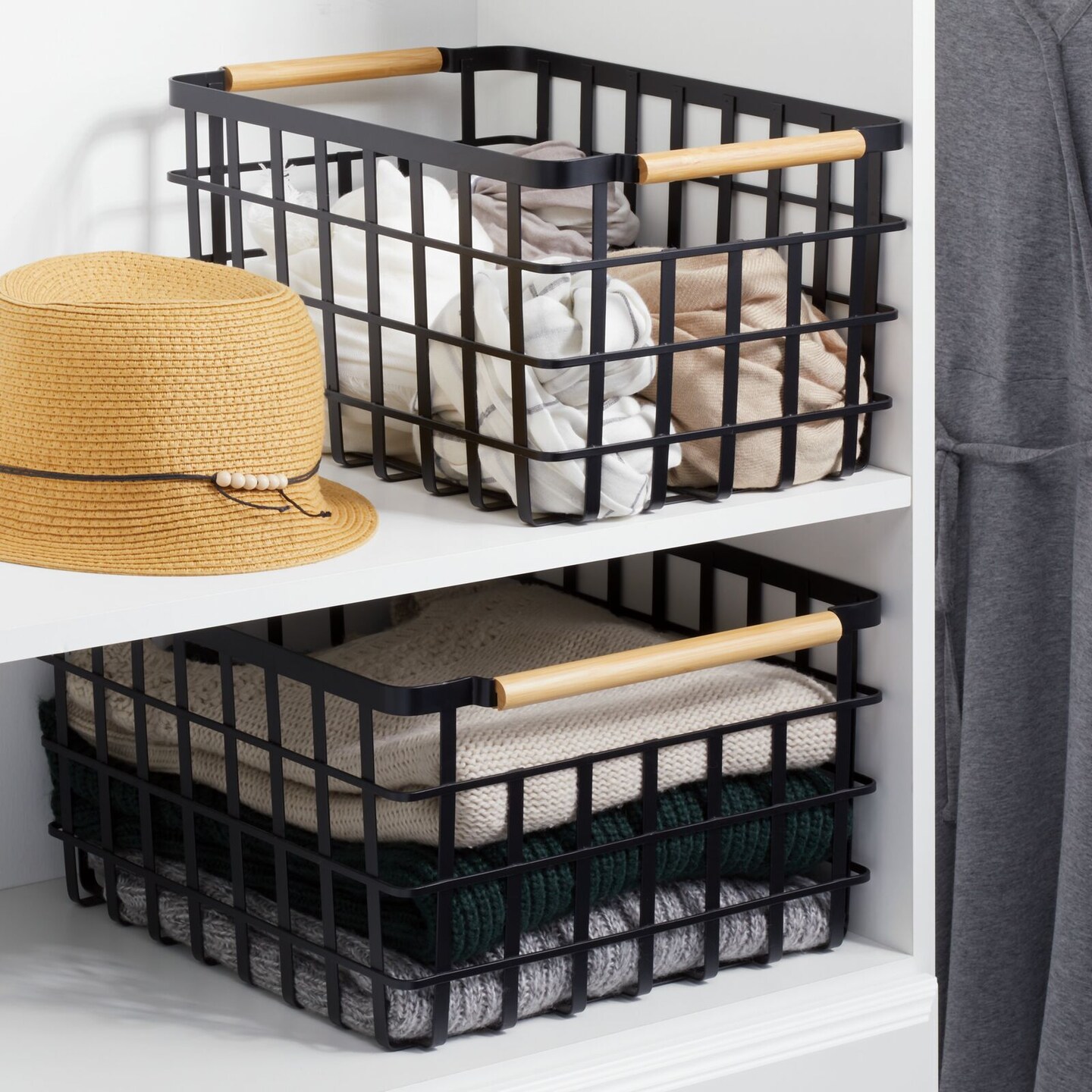 mDesign Metal Closet Organizer Basket, Wood Handles, 2 Pack, Matte Black/Natural