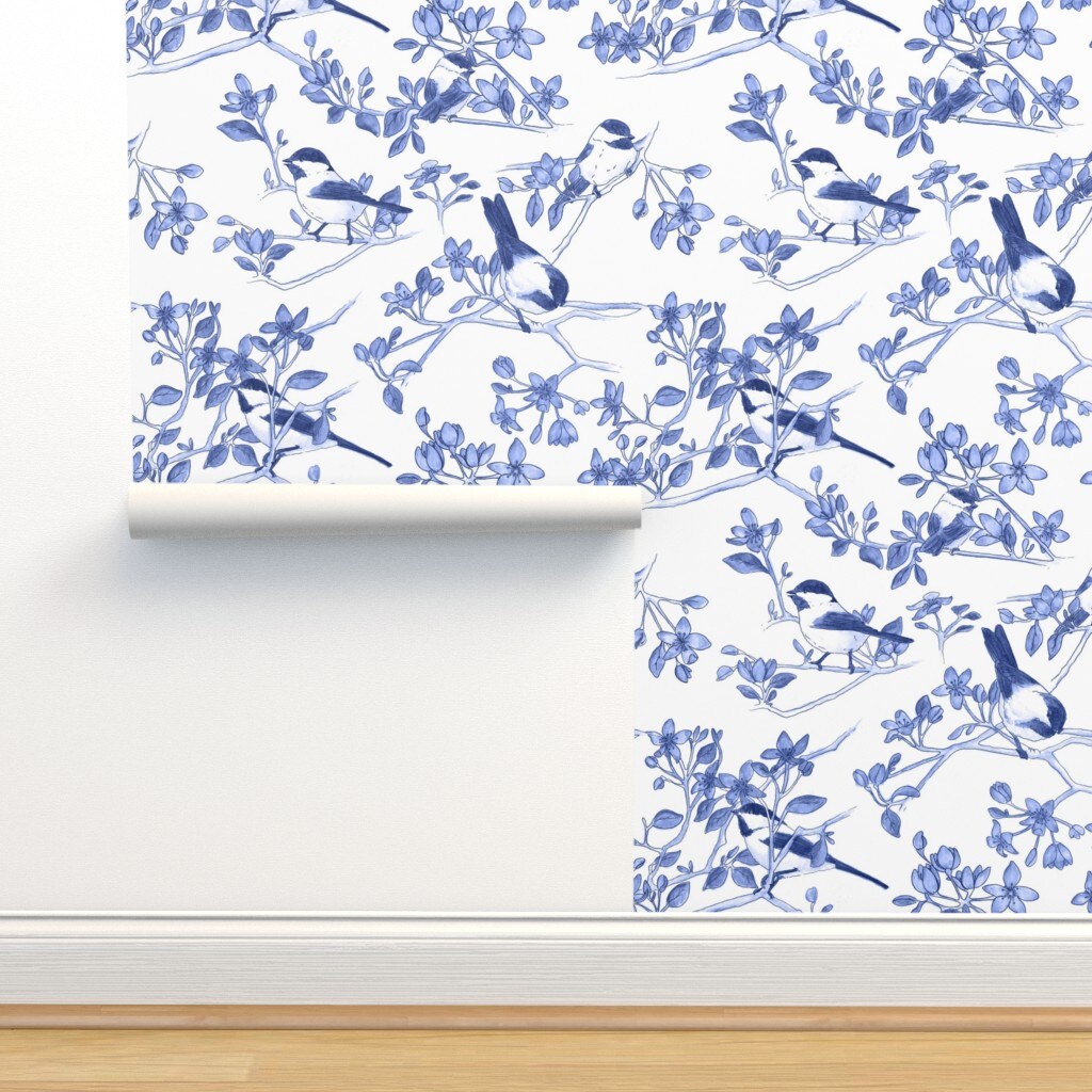 Bird Flowers Botanical Blossom Cobalt Chinoiserie Custom Removable Wallpaper by Spoonflower Peel & Stick Wallpaper 2FT Wide