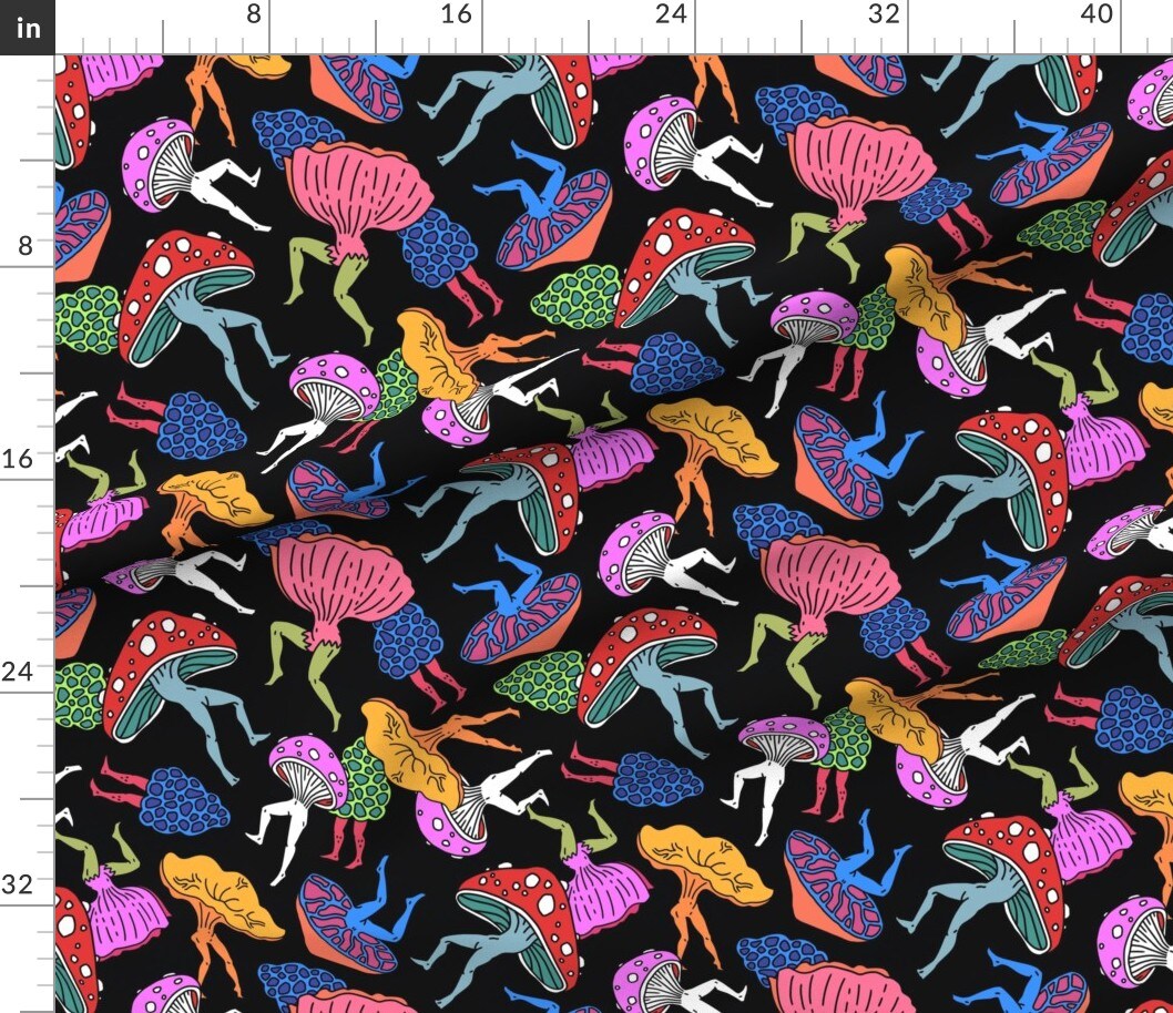 Dancing Mushrooms Colorful Chanterelle 70S Disco Dance Whimsical Custom Printed Fabric by Spoonflower Various Fabrics by the Yard or Fat Quarter