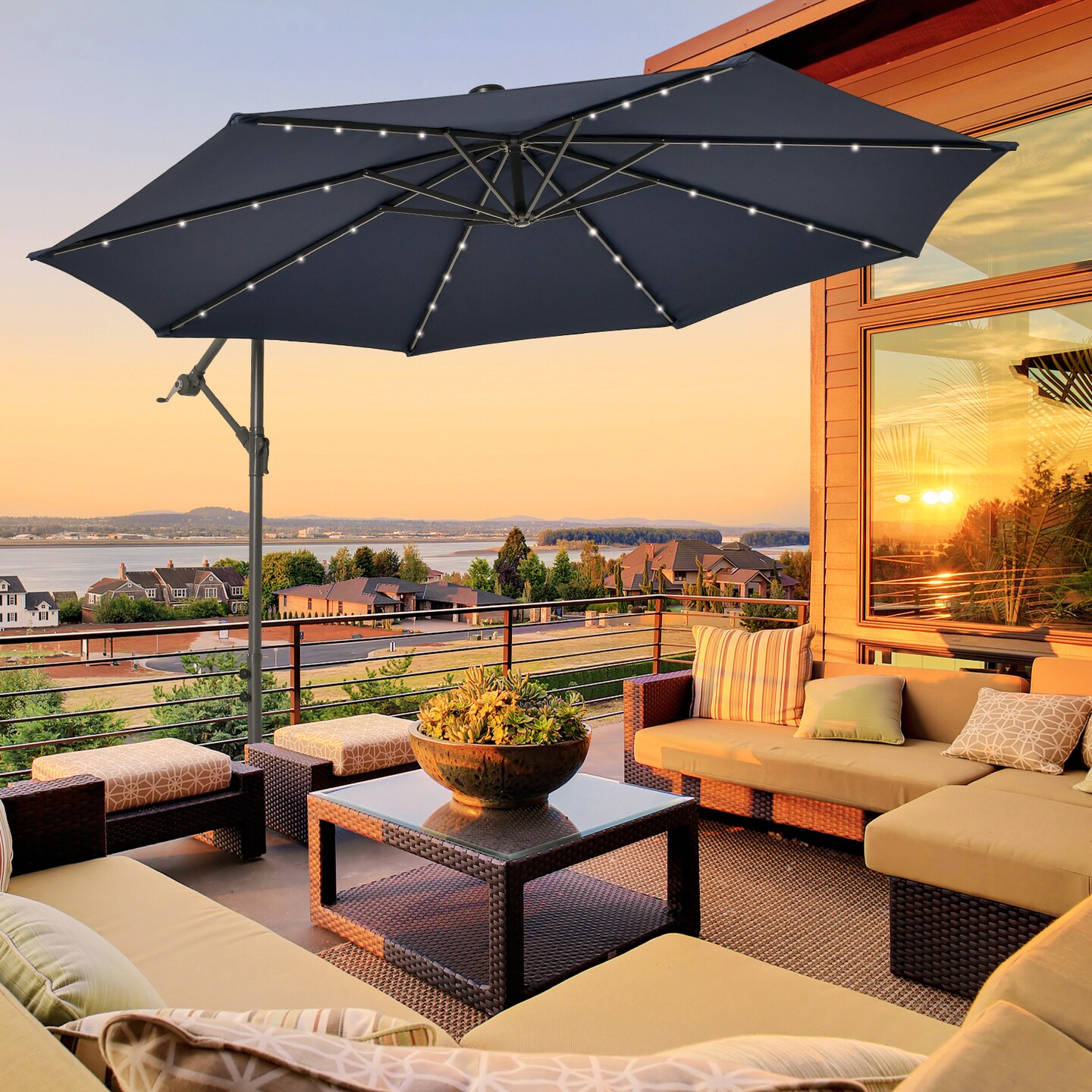 10 Feet Cantilever Umbrella with 32 LED Lights and Solar Panel Batteries