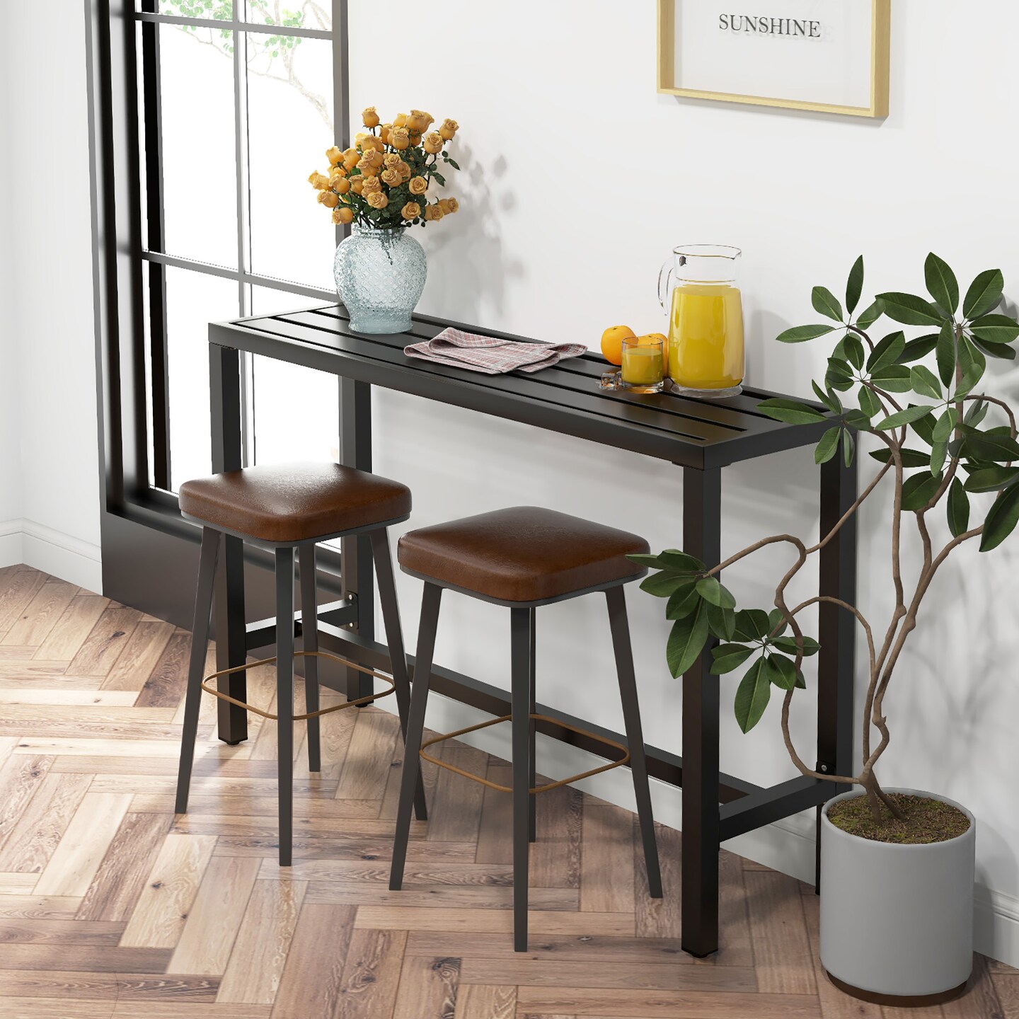 Costway Outdoor Metal Bar Table Patio Rectangular Counter Height Dining Table Black