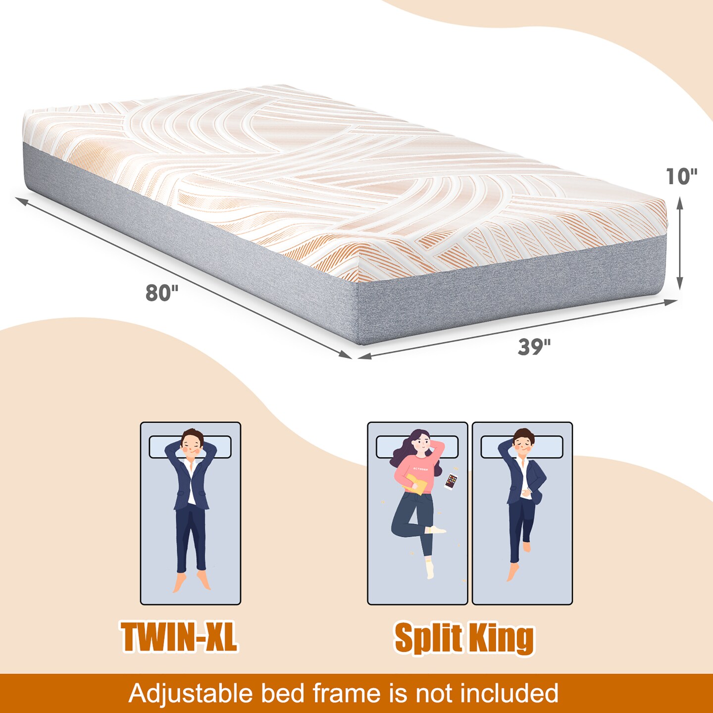 Costway 8&#x2018;&#x2019;/10&#x27;&#x27; Twin XL Cooper Adjustable Bed Memory Foam Mattress CertiPUR-US Certified