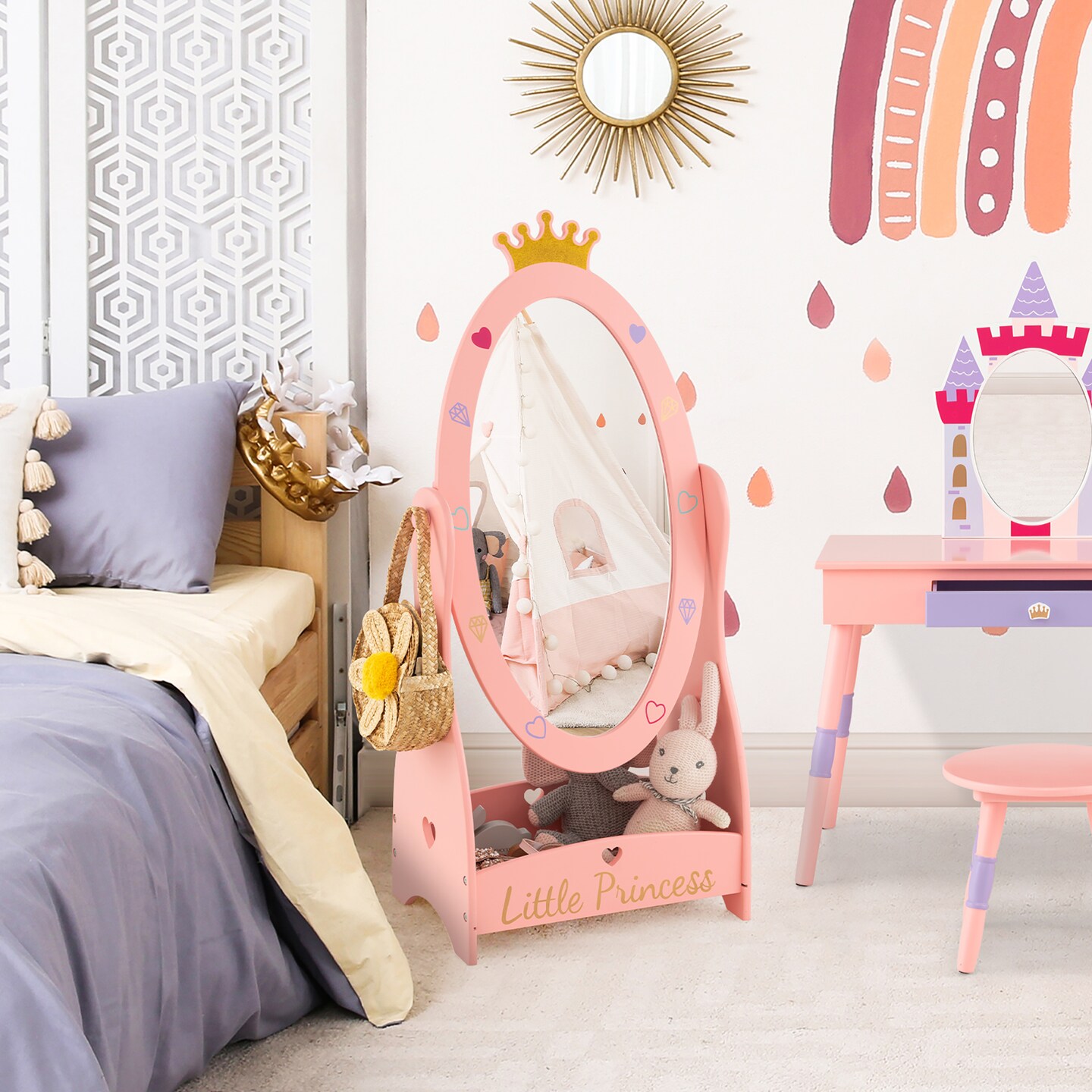 Costway Kids Full Length Mirror Free-Standing 360° Dressing Wooden Princess Storage Pink