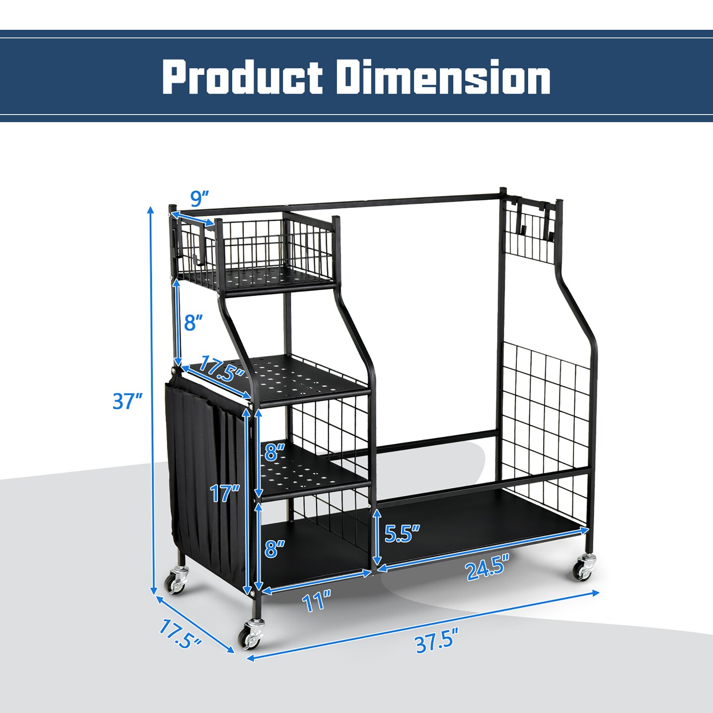 Costway Extra Large Golf Bag Storage Rack for Garage Fits 2 Golf Bags Organizer withWheels