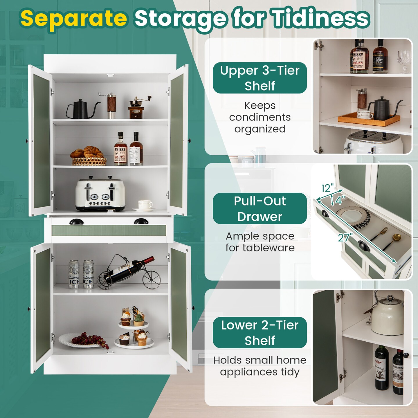 Costway 72&#x27;&#x27; Kitchen Buffet Hutch Pantry Cabinet Cupboard with 4 Doors &#x26; Adjustable Shelves