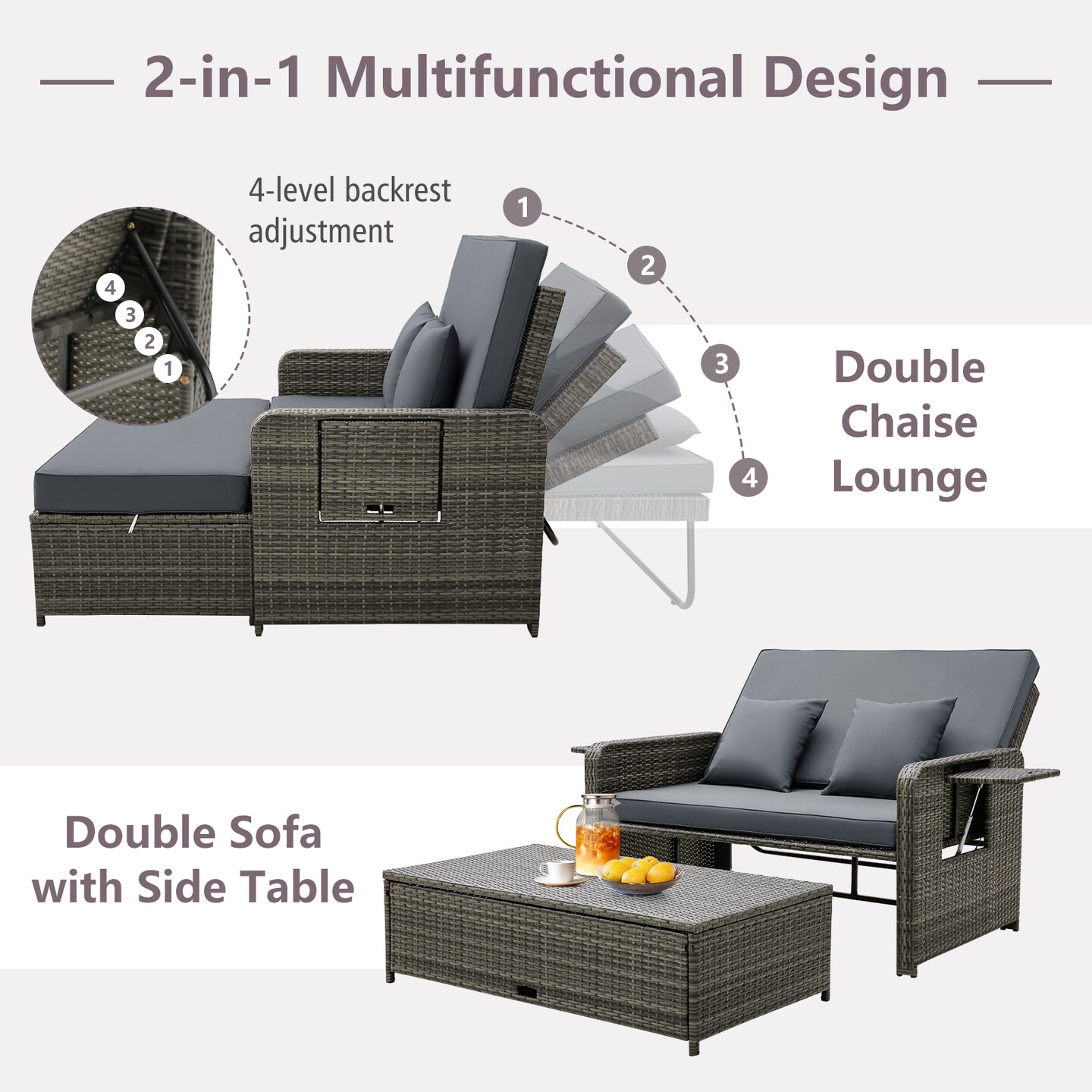 2-in-1 Rattan Patio Loveseat Daybed with Ottoman and Trays Mix Gray