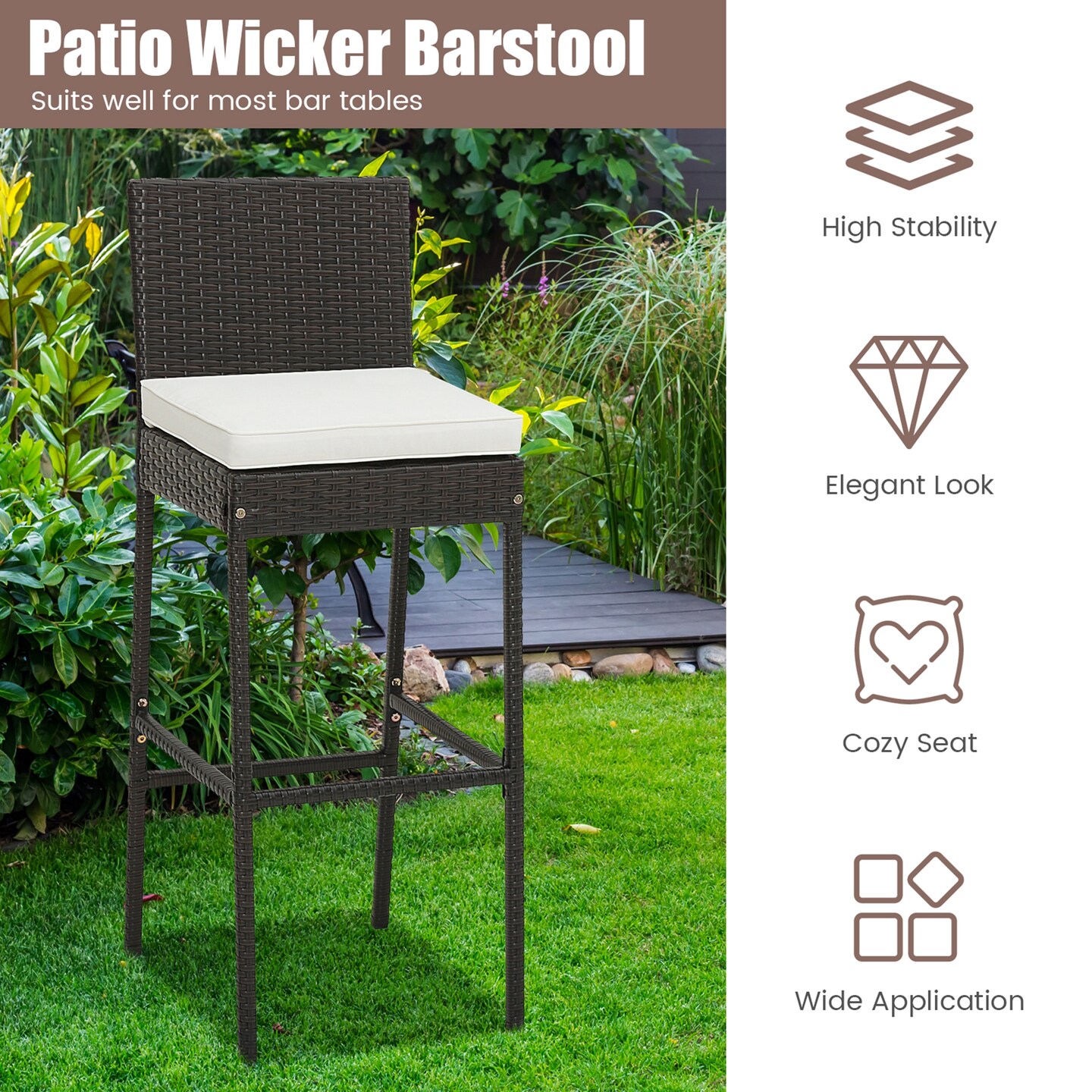Costway Patio Wicker Barstools Bar Height Chairs W/ Cushions Backyard Off White
