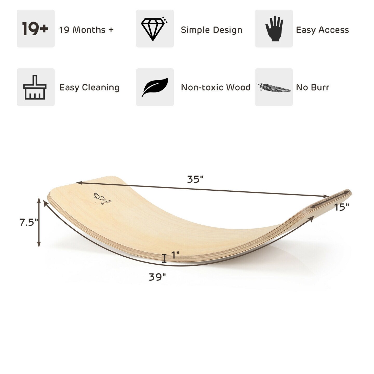 Wooden Wobble Balance Board Kids 35&#x27;&#x27; Rocker Yoga Curvy Board Toy with Felt Layer-Natural