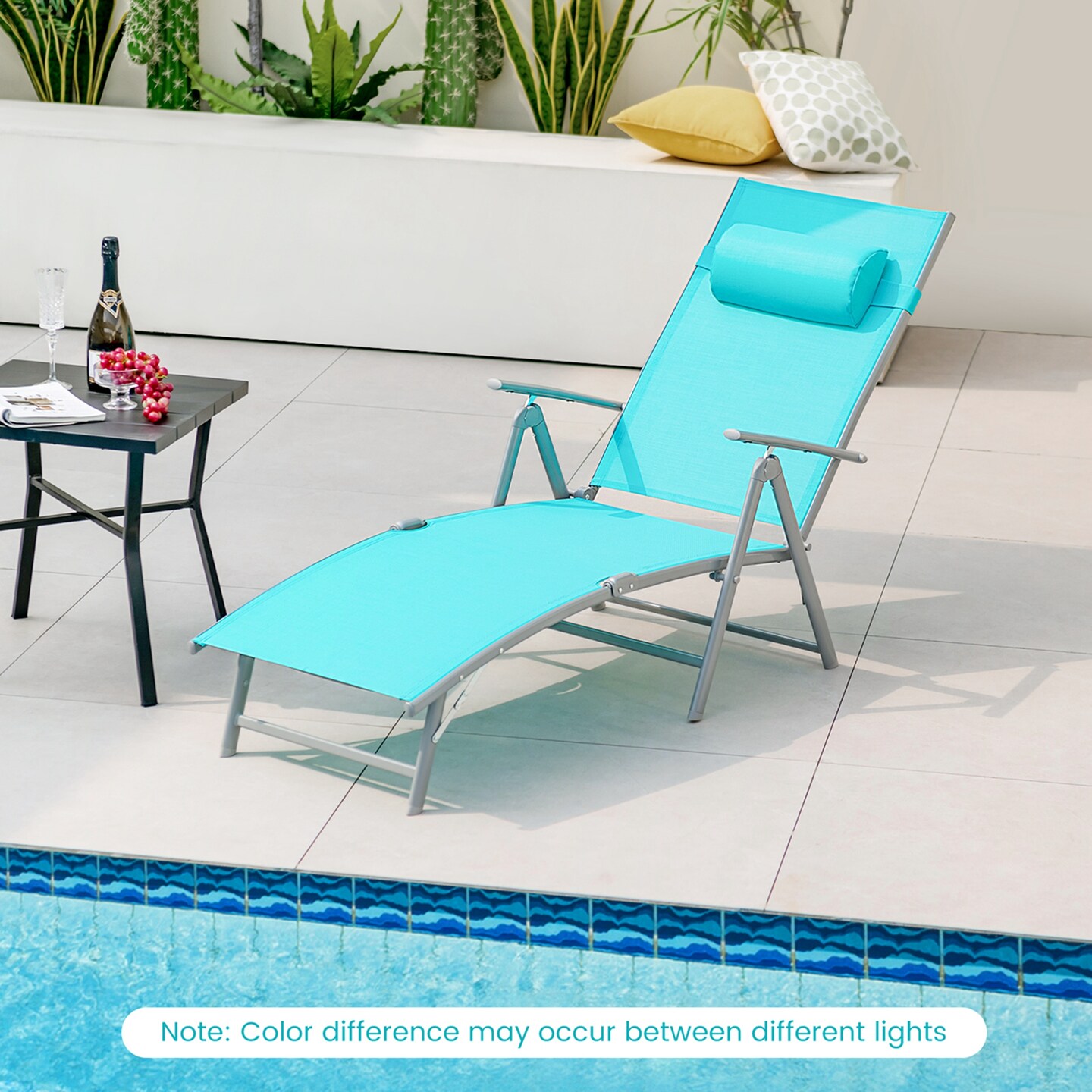 Costway Outdoor Folding Chaise Lounge Chair Recliner Cushion Pillow Adjustable Turquoise