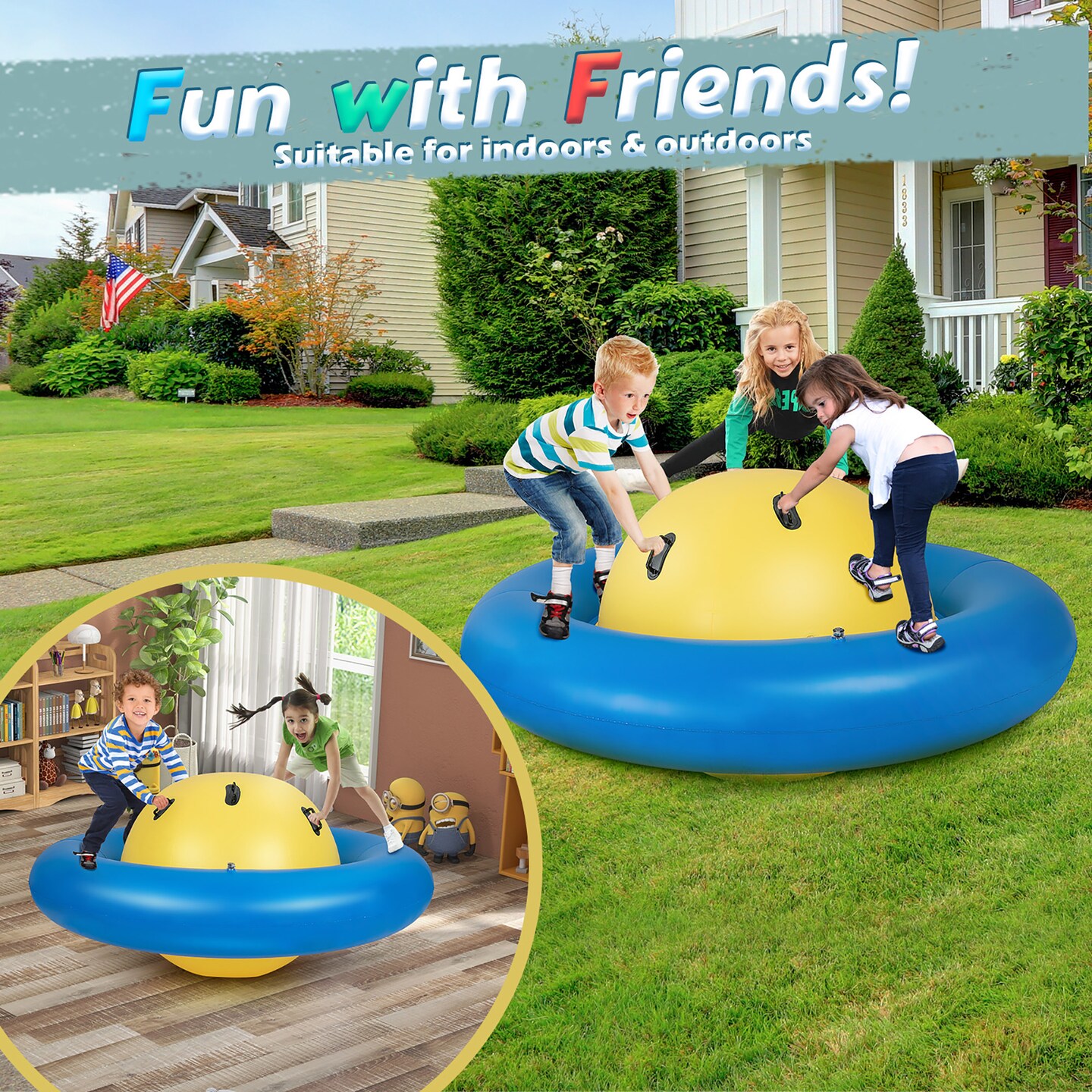 Costway 7.5 FT Inflatable Dome Rocker Bouncer with 6 Handles Fun Outdoor Game for Kids
