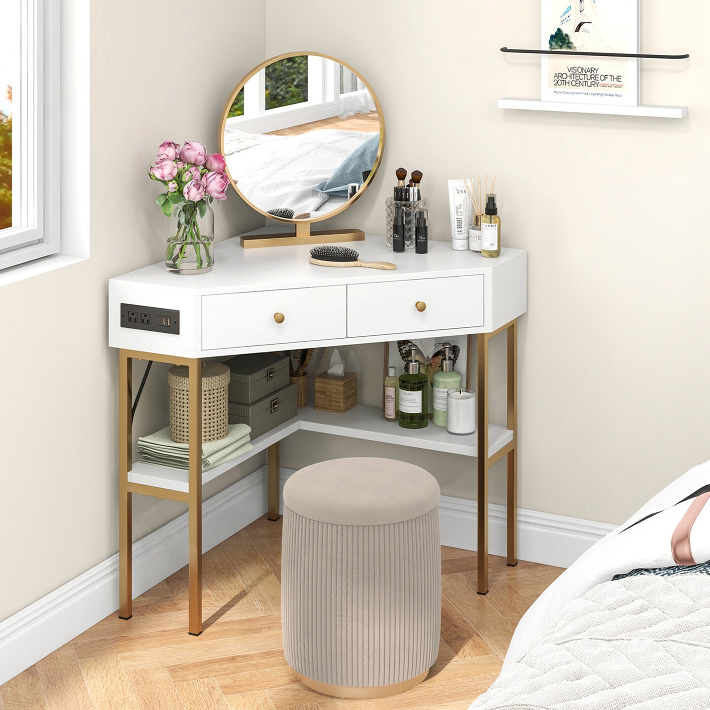 Costway Corner Computer Desk Writing Workstation Study Desk w/ 2 Drawers White\Black\Gold