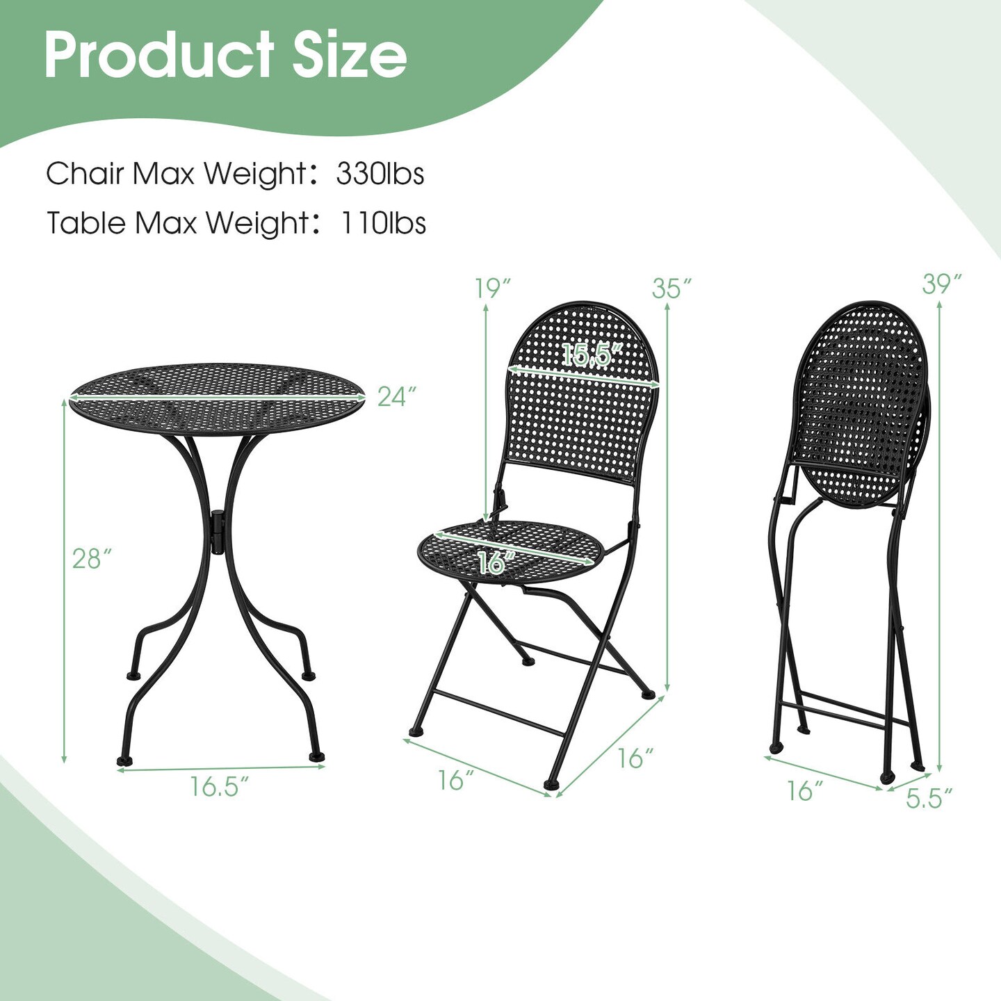 Compact Patio Bistro Set 3-Piece Foldable Metal Table Chairs Black