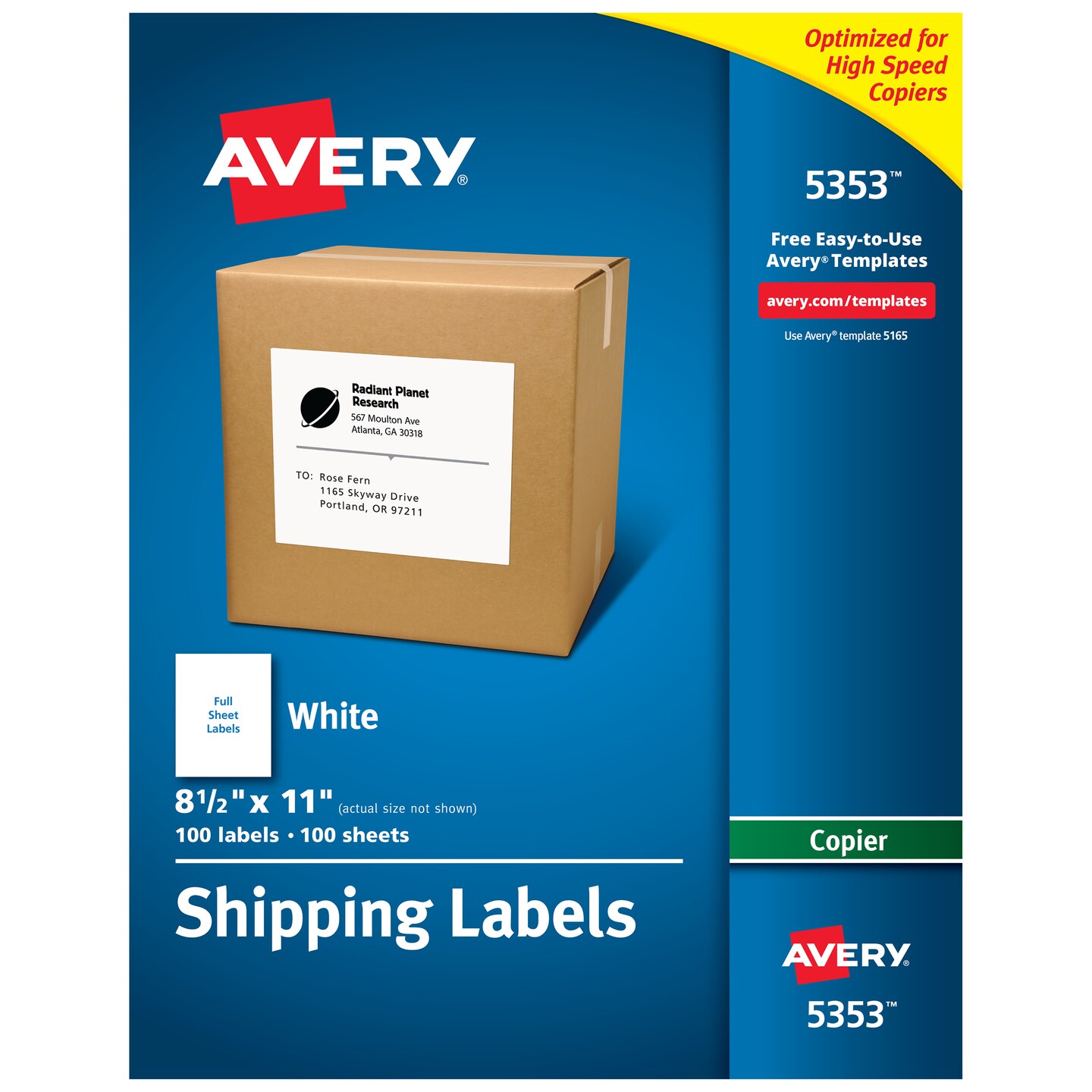 Avery Shipping Labels for Copiers, 8-1/2&#x22; x 11&#x22;, 100 White Labels (5353)