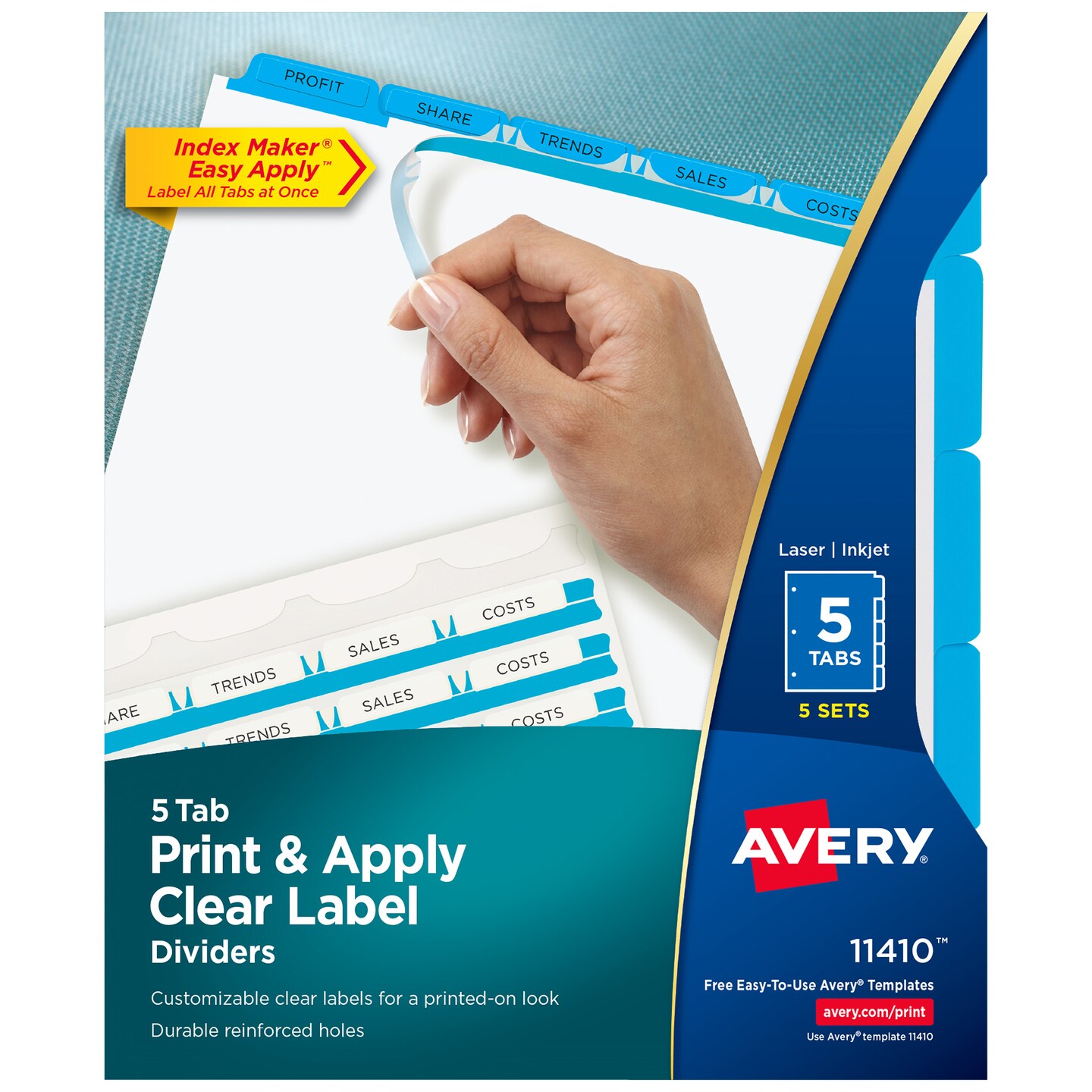 Avery 5 Tab Dividers for 3 Ring Binder, Easy Print &#x26; Apply Clear Label Strip, Index Maker Customizable Blue Tabs, 5 Sets (11410)