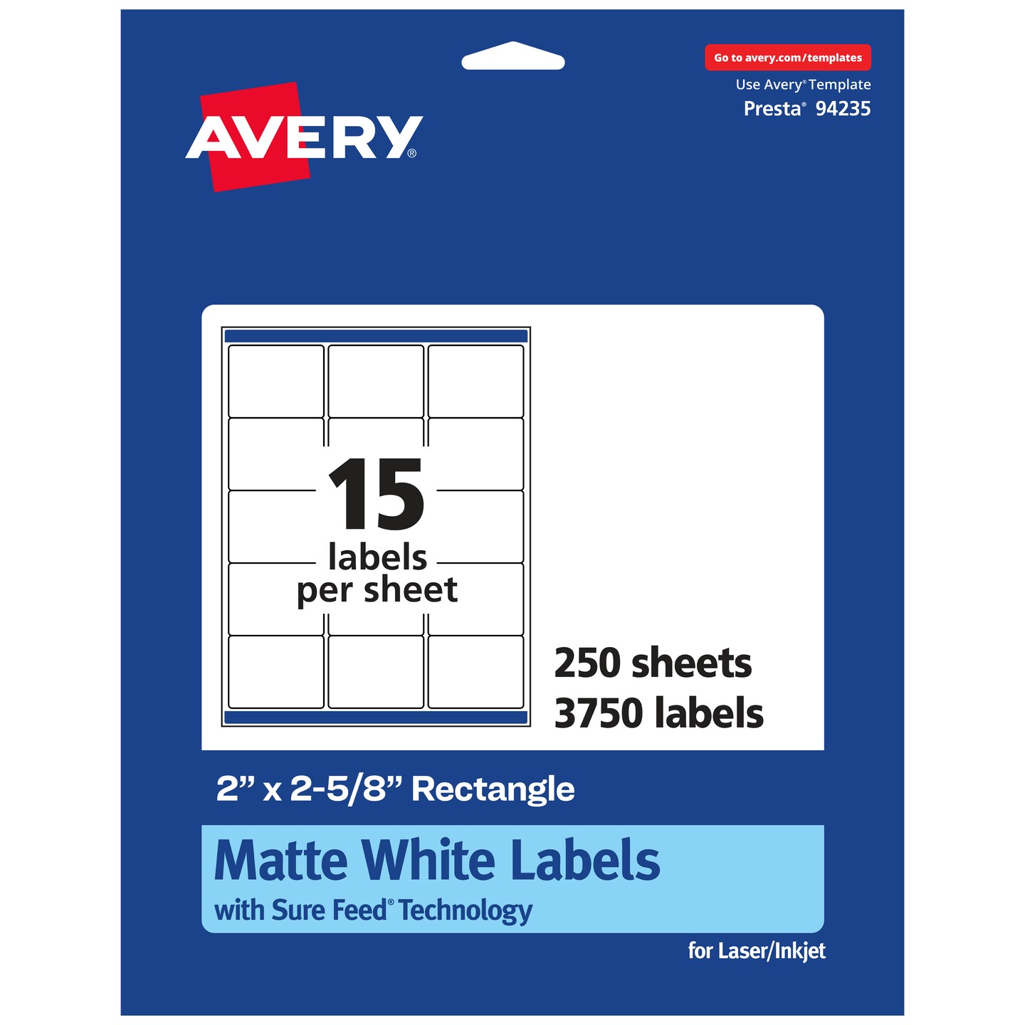 Avery Matte White Rectangle Labels, 2&#x22; x 2-5/8&#x22;