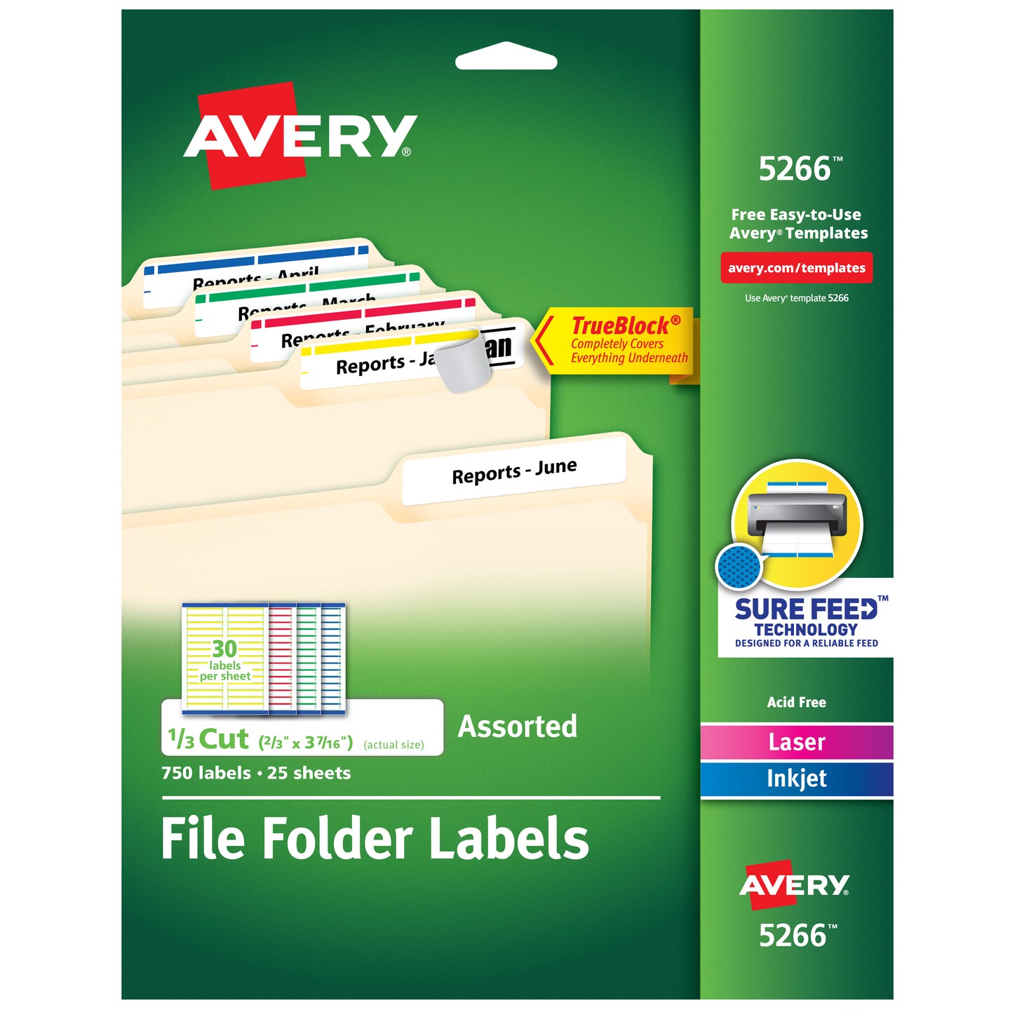 Avery TrueBlock File Folder Labels, 2/3&#x22; x 3-7/16&#x22;, 750 Printable Labels, Assorted (5266)