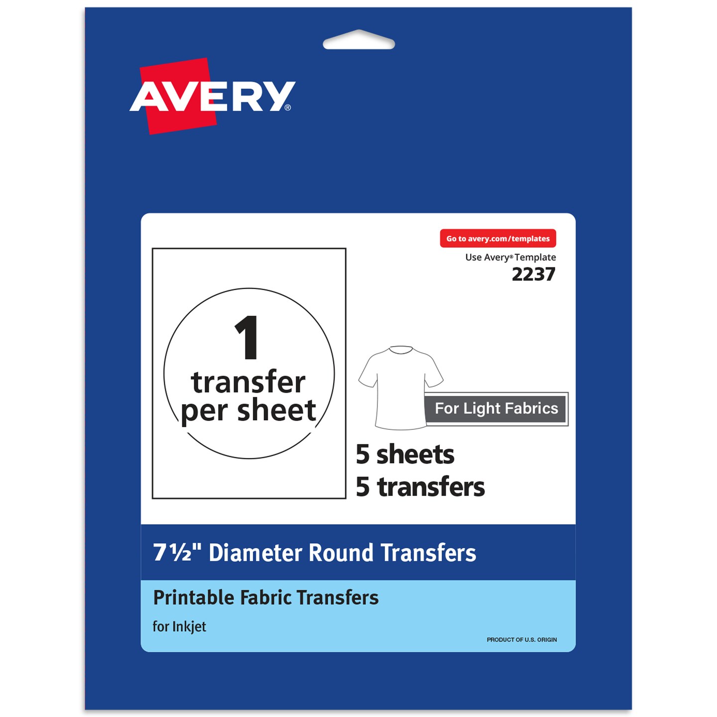 Avery Light Transfer Paper for T-Shirts, 7.5" Diameter Pre Die-Cut Iron-On Circle Transfers, Print-to-the-Edge, 6 Sheets of Heat Transfer Paper, 6 Total (02237)