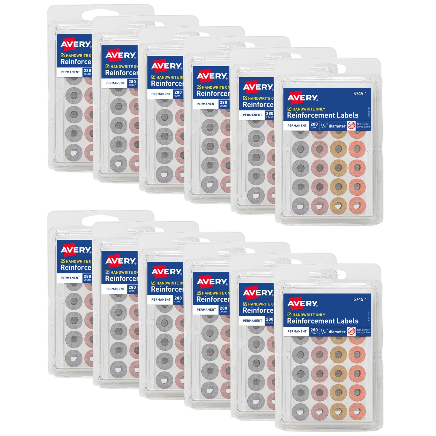 Avery Reinforcement Labels, 1/4" Diameter, Permanent Adhesive, Assorted Metallic Colors, Non-Printable, 12 Packs, 3,360 Page Reinforcement Stickers (21920)