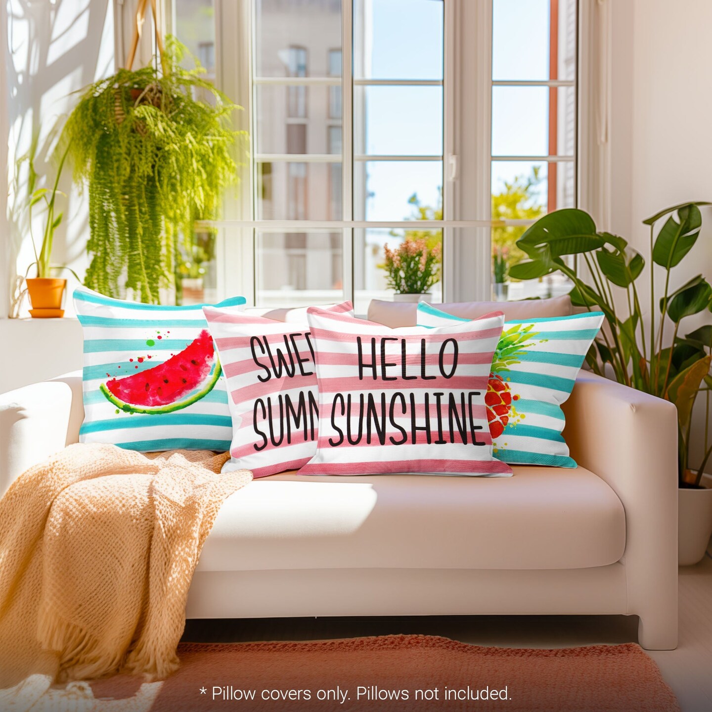 G128 Summer Decoration Hello Summer Pineapple Watermelon Waterproof Throw Pillow Covers | 18 x 18 in | Set of 4, Beautiful Cushion Covers for Summer Sofa Couch Decoration