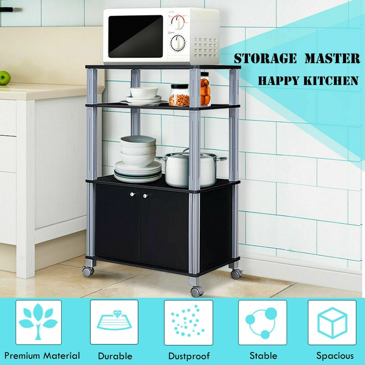 Multifunctional Rolling Kitchen Baker&#x2019;s Rack with 2-Tier Shelf and Cabinet