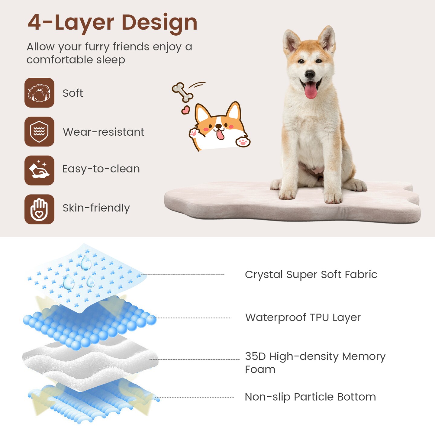 43"x26" Orthopedic Dog Bed with Memory Foam Waterproof Cover and Anti-Slip Bottom for Medium Dogs