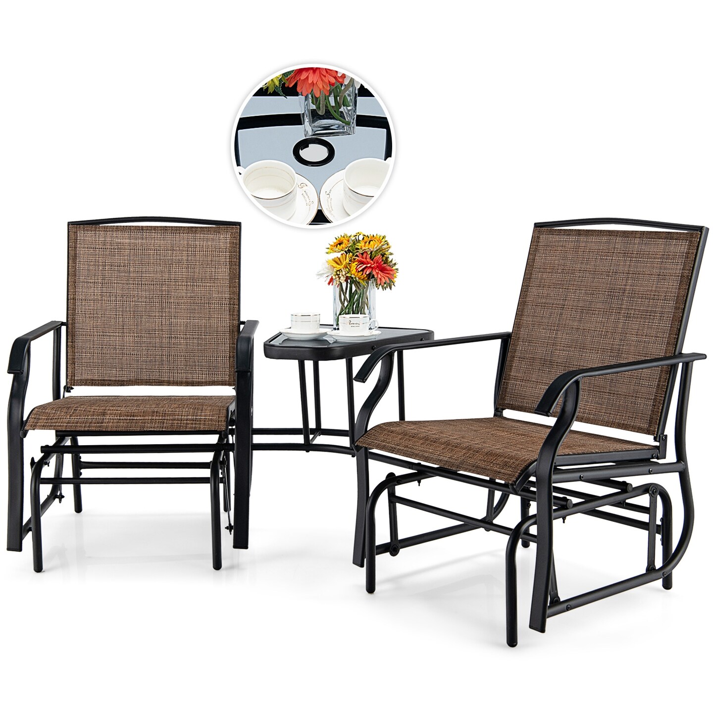 Double Swing Glider Rocker Chair Set With Glass Table