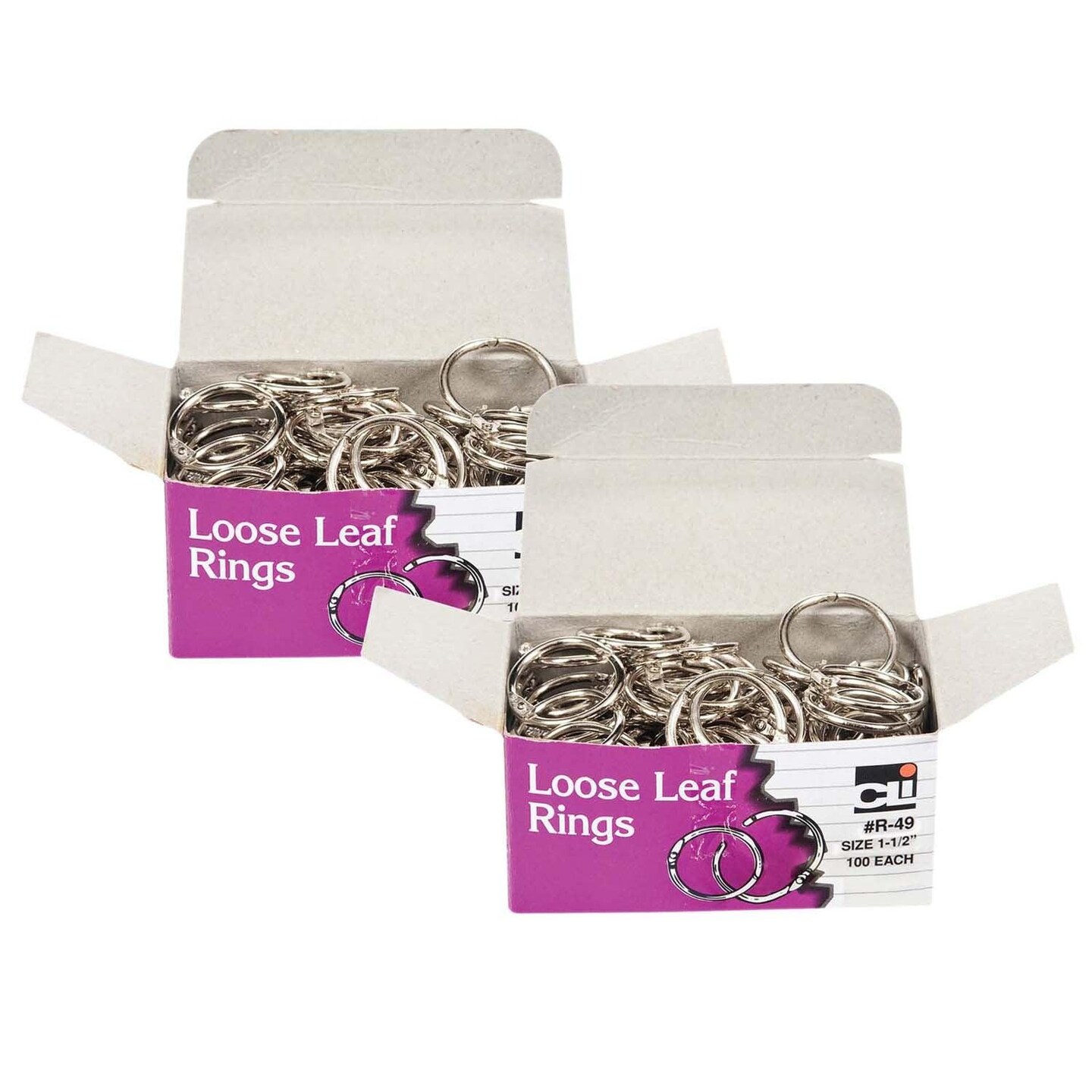 Loose Leaf Book Rings, 1-1/2&#x22; Diameter, 100 Per Box, 2 Boxes