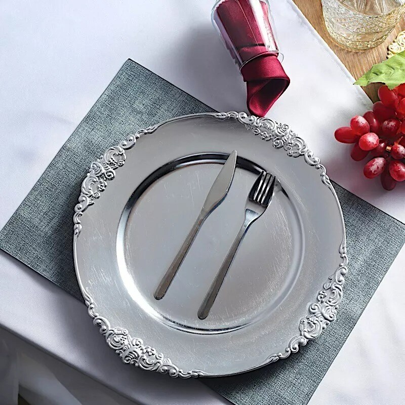 6 SILVER 13&#x22; Round with Embossed Rim Charger Plates