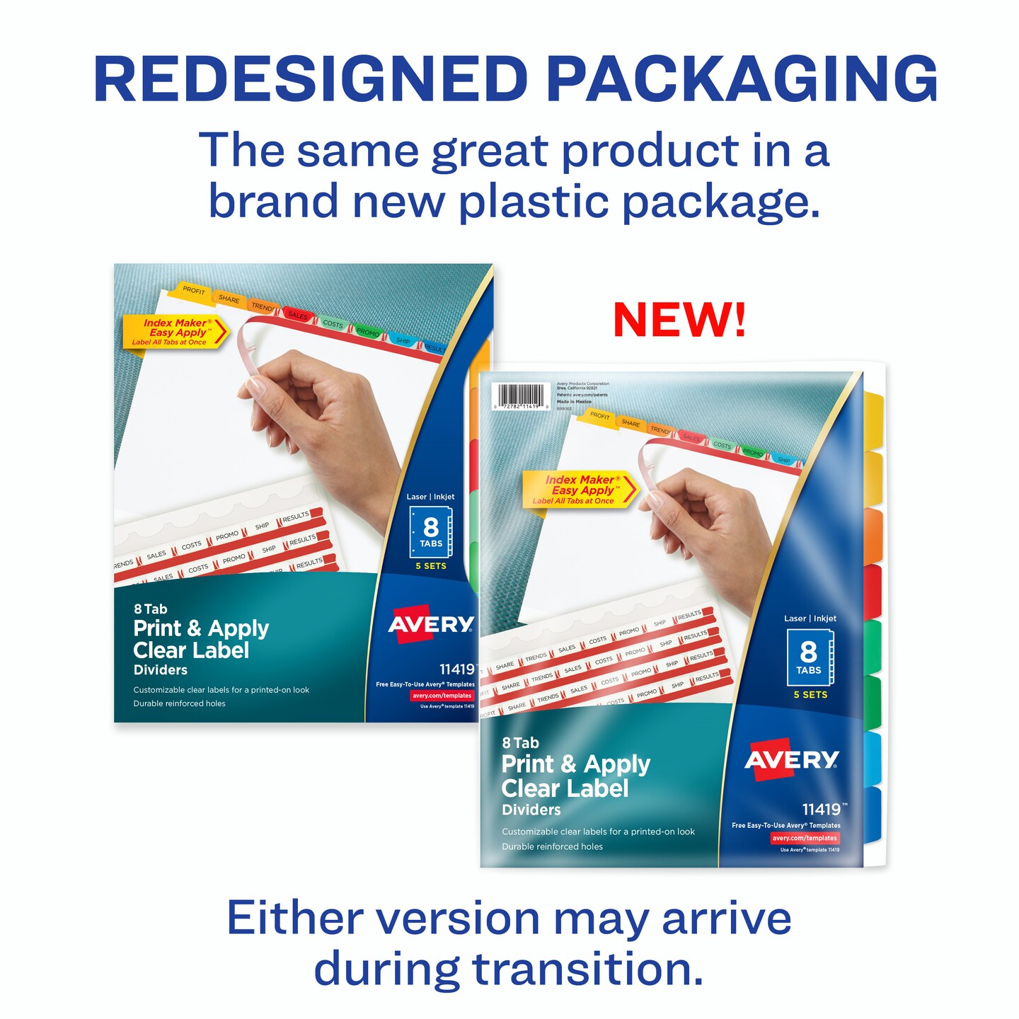 Avery 8 Tab Dividers for 3 Ring Binder, Easy Print & Apply Clear Label Strip, Index Maker Customizable Multicolor Tabs, 5 Sets (11419)