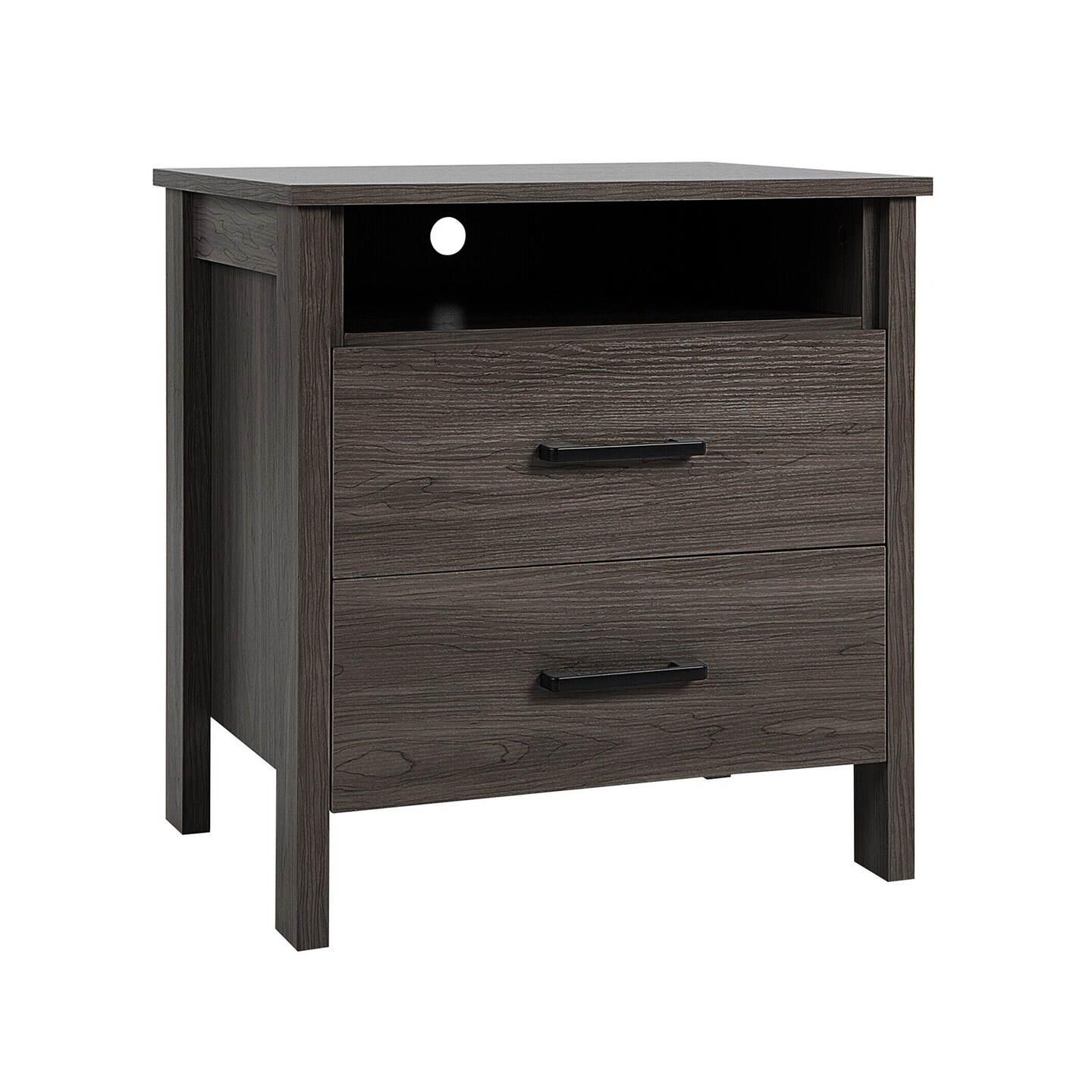 Modern Wood Grain Nightstand With Cable Hole And Open Compartment