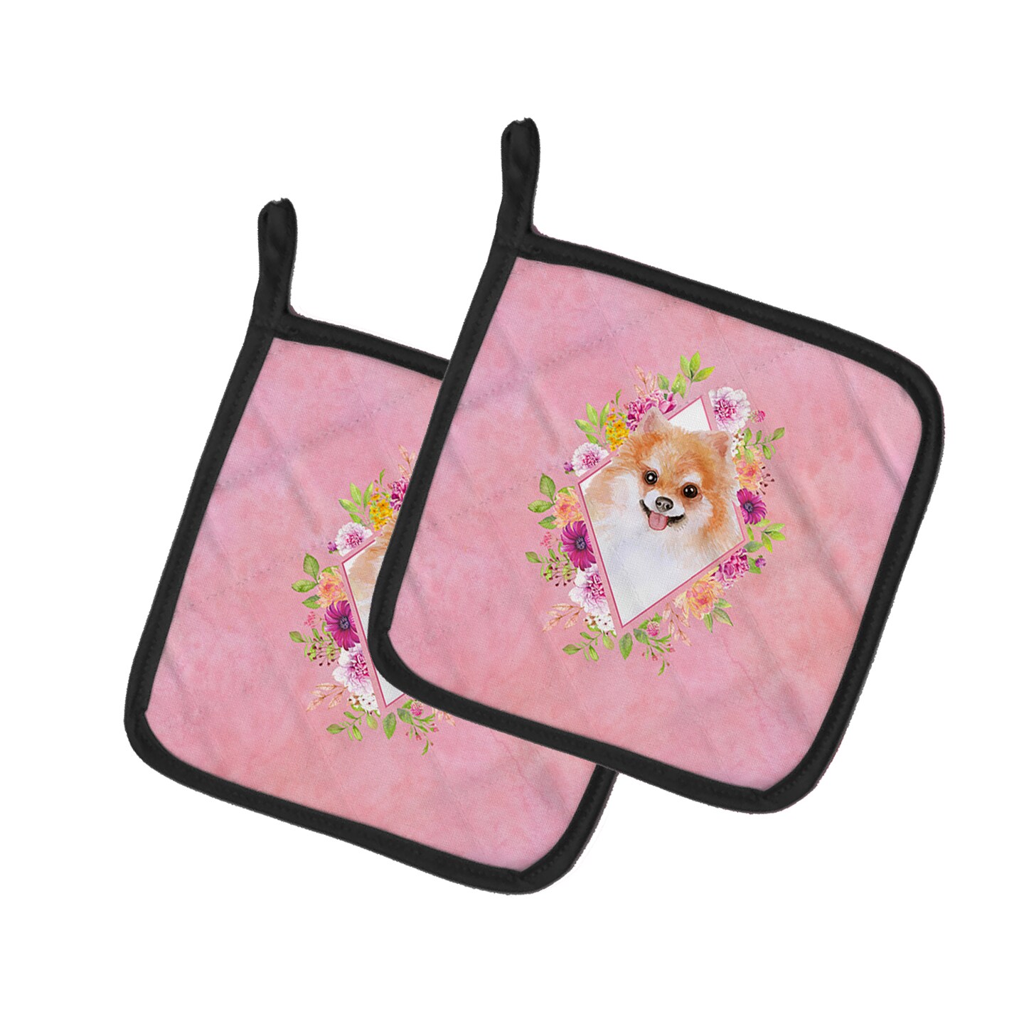 Caroline&#x27;s Treasures Pomeranian Style 1 Pink Flowers Pair of Pot Holders