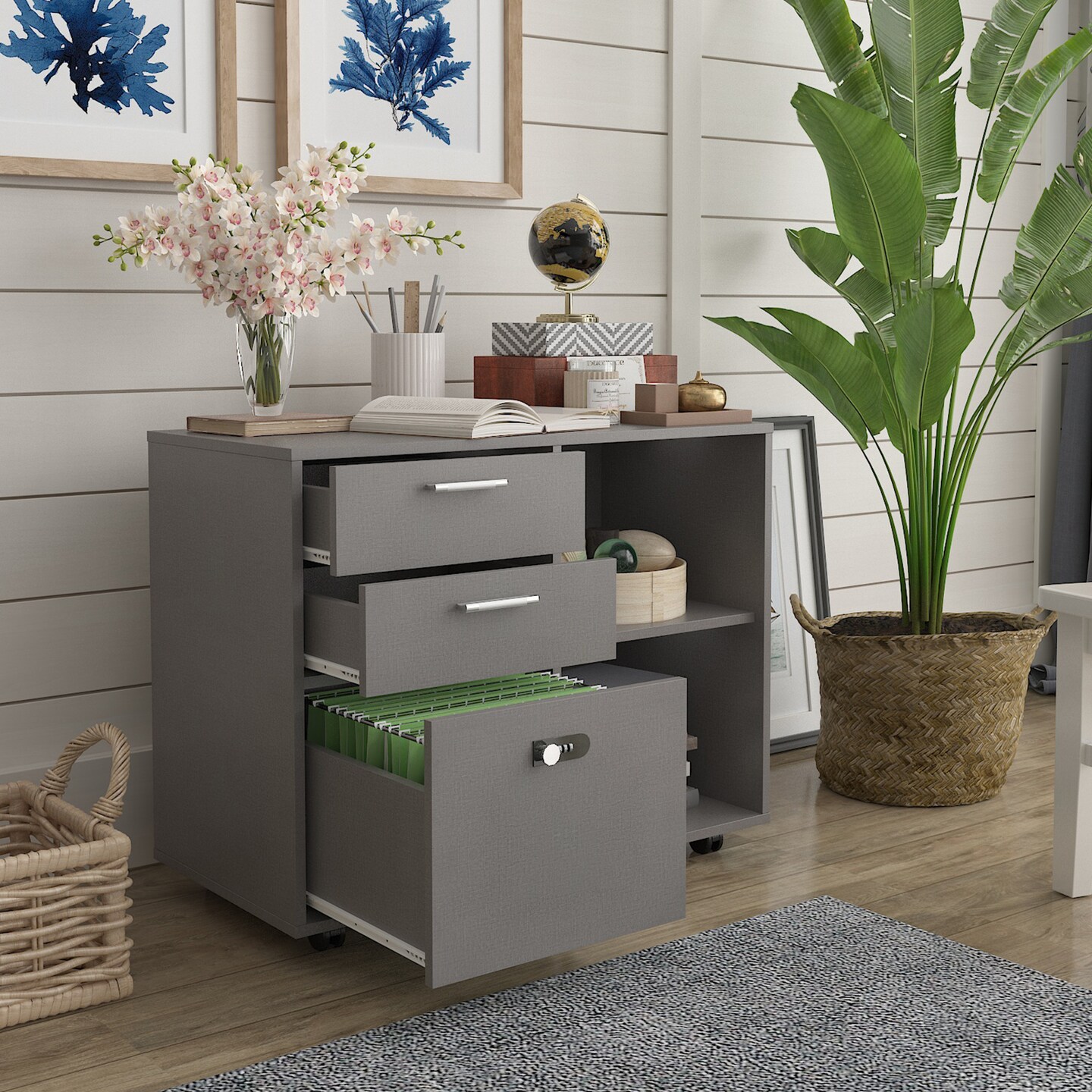 Drawer Wood File Cabinet with coded Lock | Printer Stand with Open Storage Shelves for Home Office