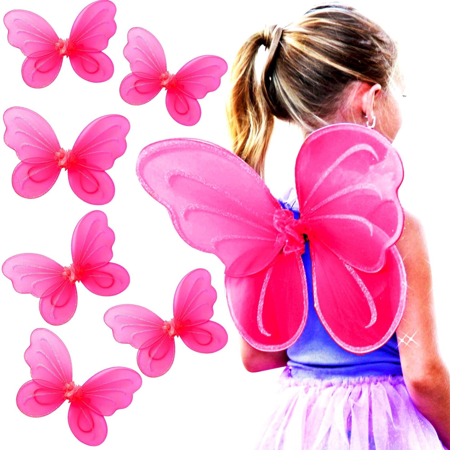 Butterfly Craze Girls&#x27; Fairy, Angel, or Butterfly Wings Costumes &#x26; Dress Up Collection: Set of 6, Magical Delights, Favors or Supplies for Kids, Make Your Little One&#x27;s Birthday Party Special, Hot Pink