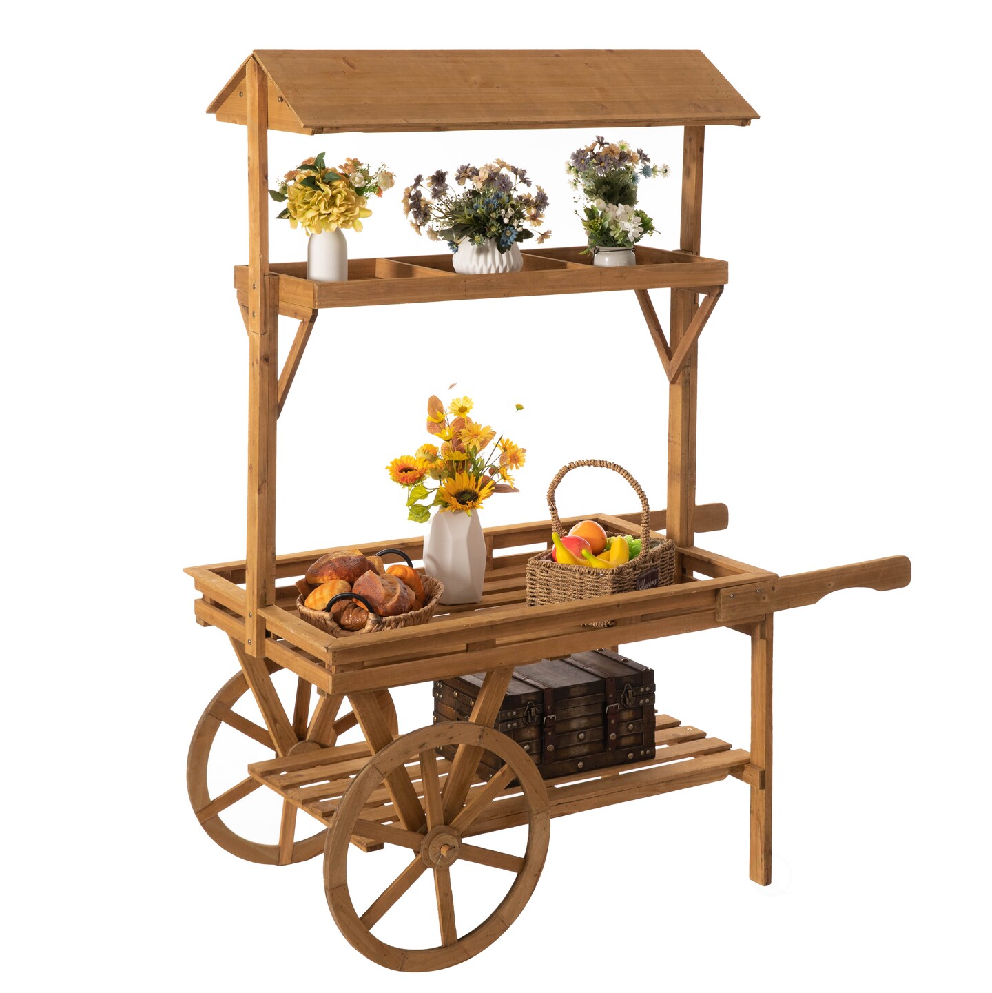 Large Wooden 3 Tier Rolling Table Cart With 2 Wheels for Home Decor, Modern Wagon with Shelves for Display Rack, Lemonade stand, Food Stand, Beverage Bar, or Tea Stall