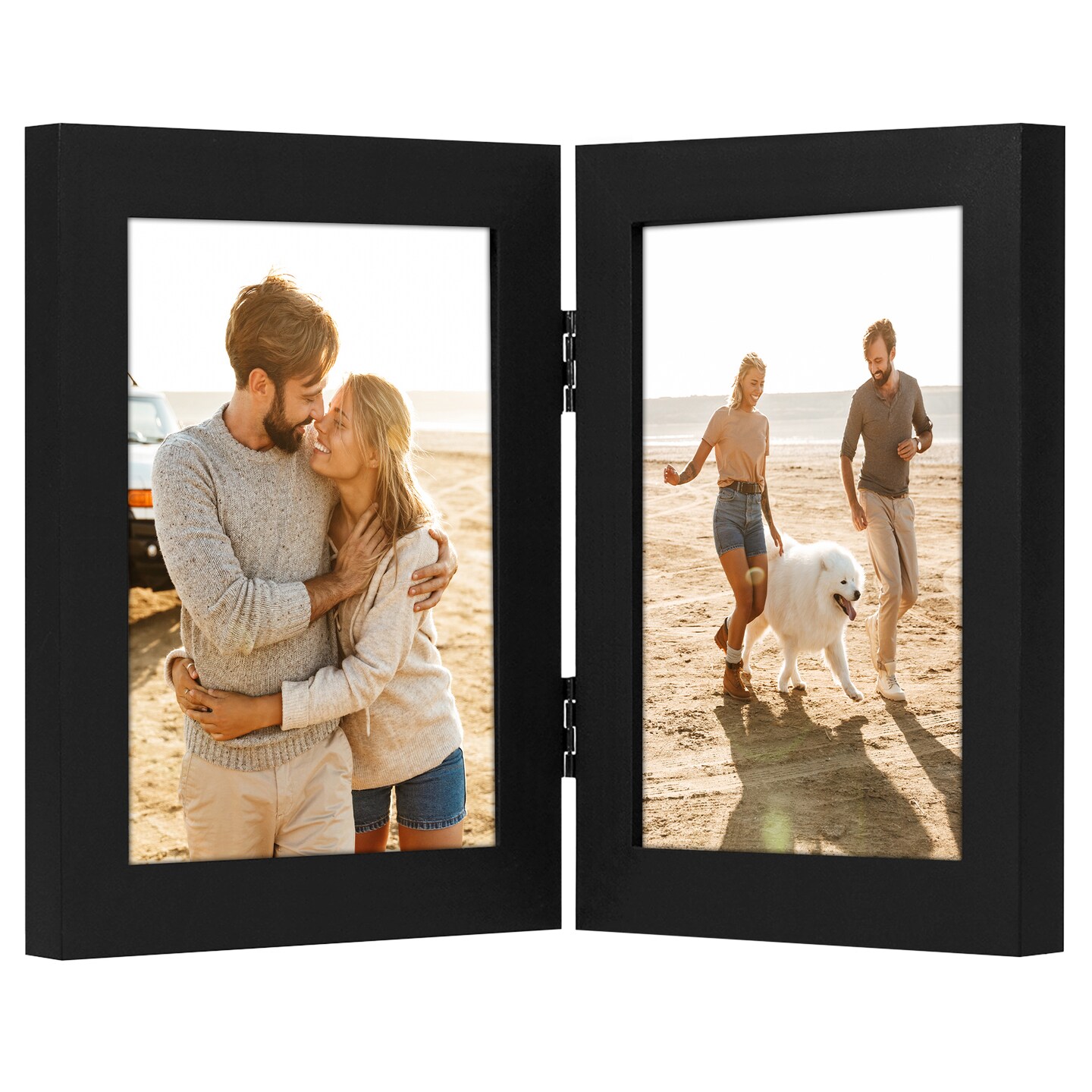 Americanflat Tri-Folding Picture Frame - Displays Two Photos at Once - Double Hinged Picture Frame - Shatter Resistant Glass - Tabletop Display Picture Frame - Black