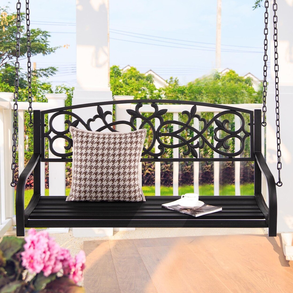 Patio Hanging Porch Swing 2-Person Outdoor Metal Swing Bench Chair W/ Chains