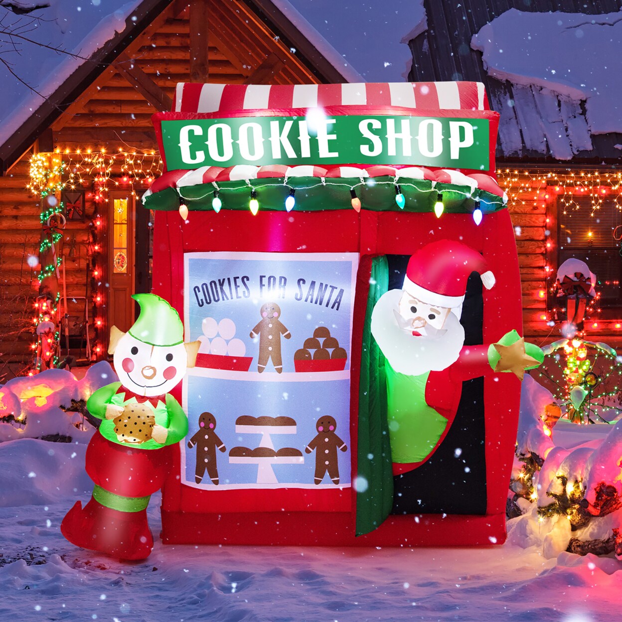 6.3Ft Self Inflatable Santa Claus Cookie Shop Christmas Decoration W/ Colorful Lights