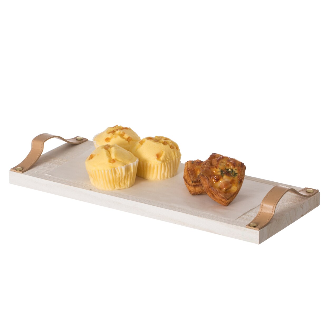 Vintiquewise Decorative Natural Wooden Rectangular Tray Serving Board with Brown Leather Handles