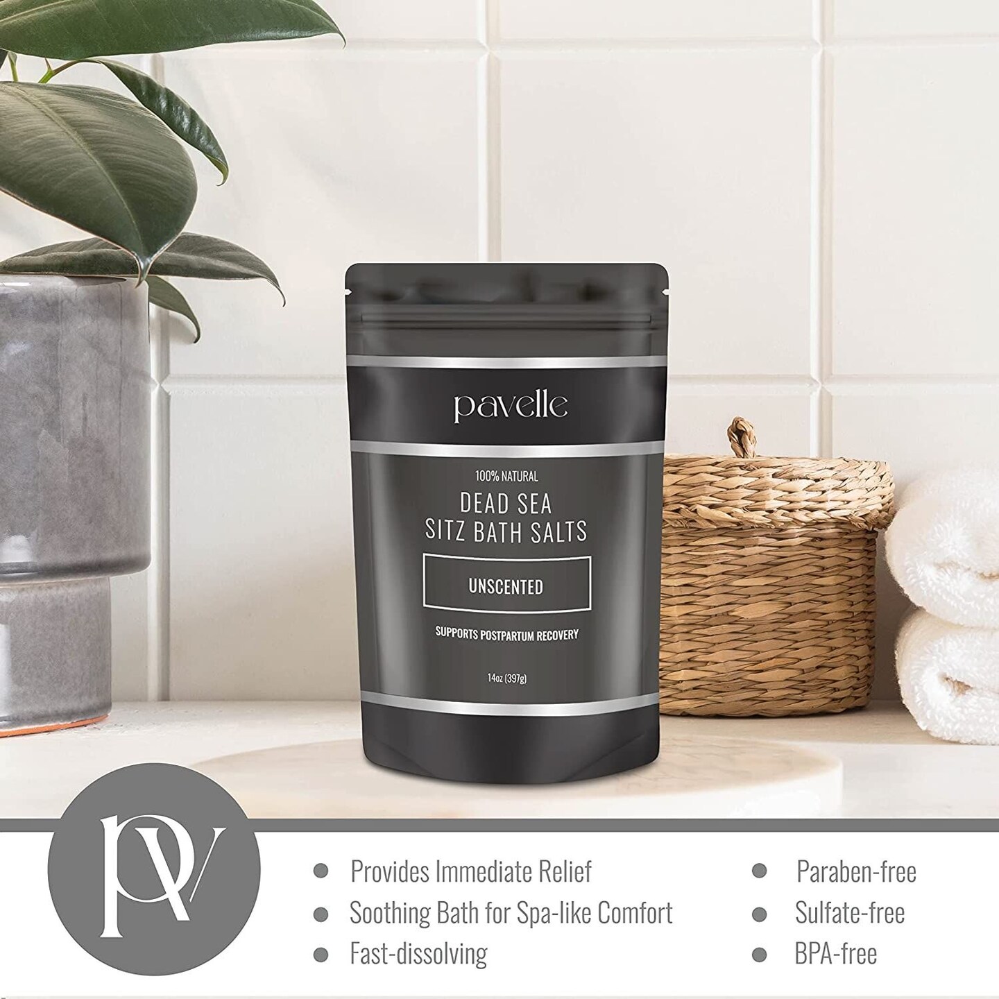 Pavelle Dead Sea Sitz Bath Salts, Sitz Bath Soak for PostPartum Pain Relief, 14 oz (397g)