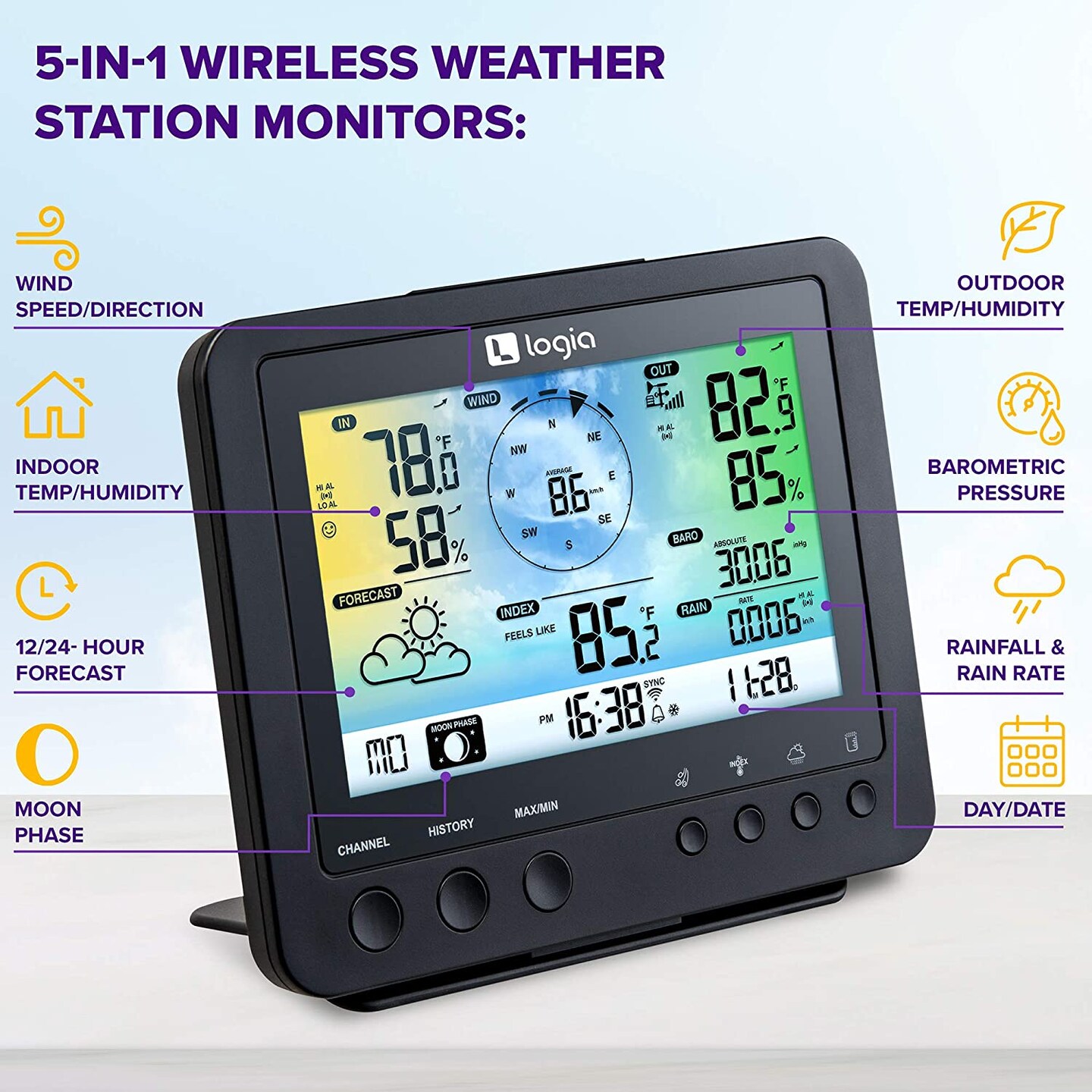 Logia 5-in-1 WiFi Wireless Weather Station with Full Color LED Display