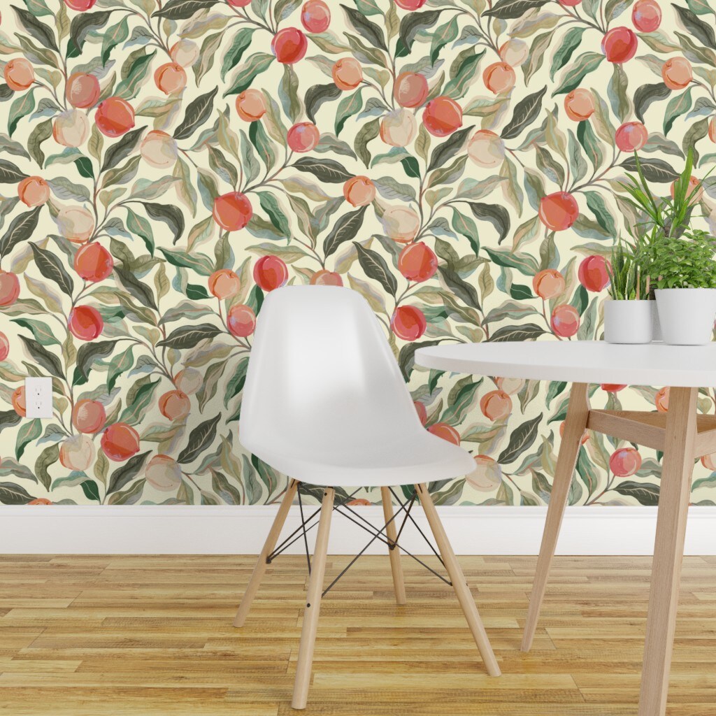 Peel &#x26; Stick Wallpaper 2FT Wide Peaches Fruit Leaves Botanical Floral Food Sage Green Peach Custom Removable Wallpaper by Spoonflower