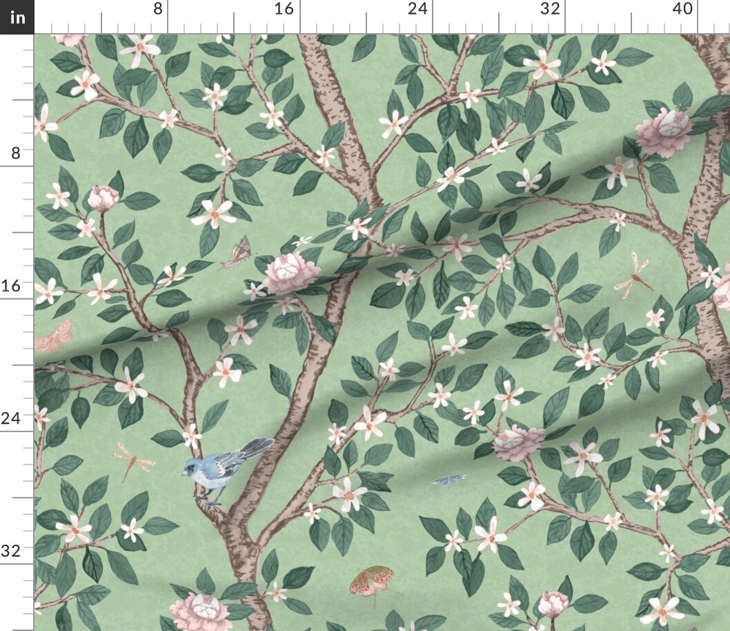 Green Chinoiserie Large Scale Peony Floral Romantic Botanical Classic Feminine Custom Printed Fabric by Spoonflower Various Fabrics by the Yard or Fat Quarter