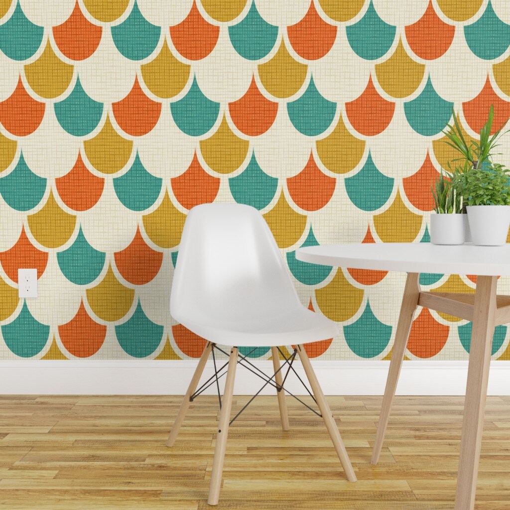 Peel & Stick Wallpaper 2FT Wide Animal Print Midcentury Mod Retro Scallops Snakeskin Vintage Scales Custom Removable Wallpaper by Spoonflower