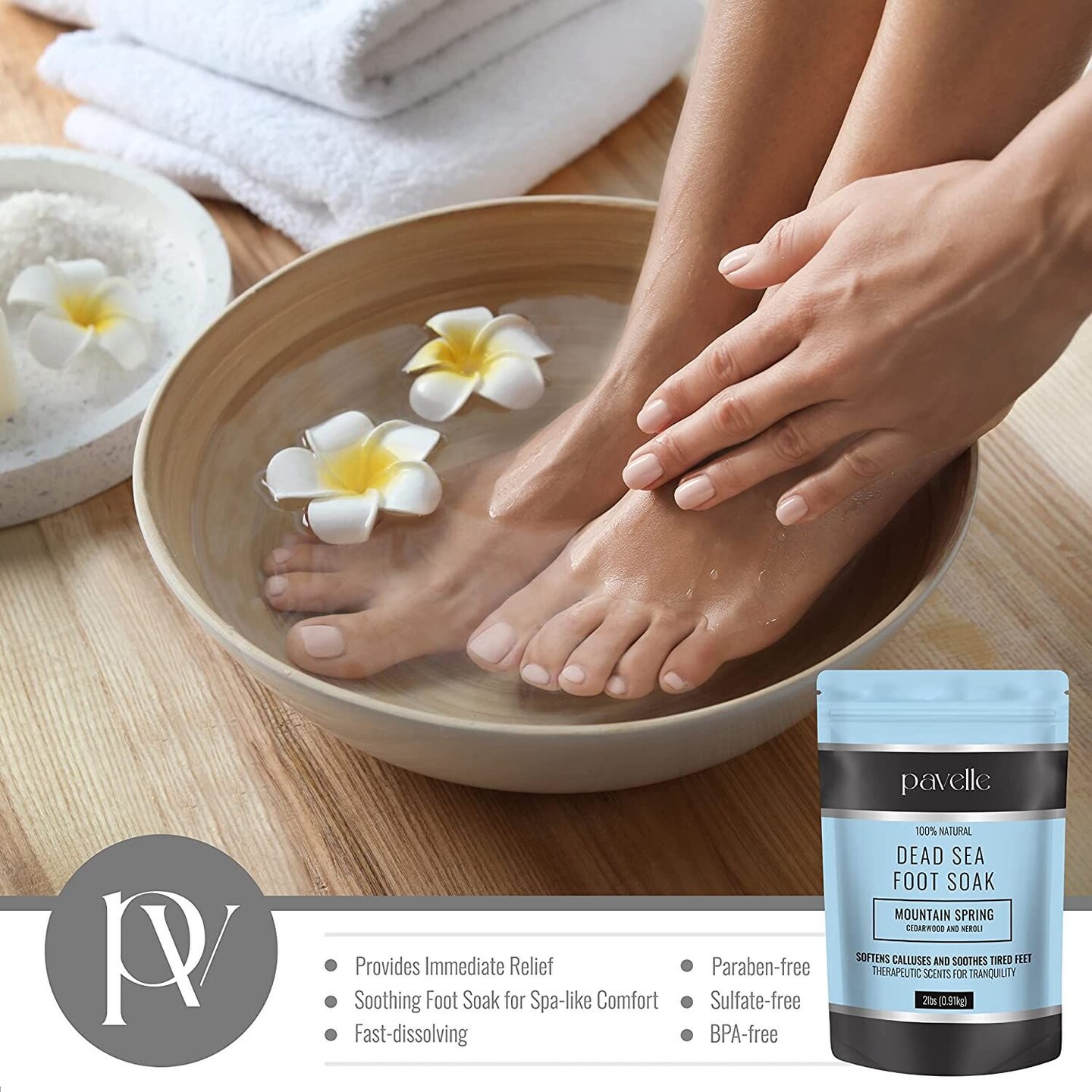 Pavelle Foot Soak Bath Salts, 100% Natural Dead Sea Salt Spa for Tired Feet, 2 lbs (0.91kg)
