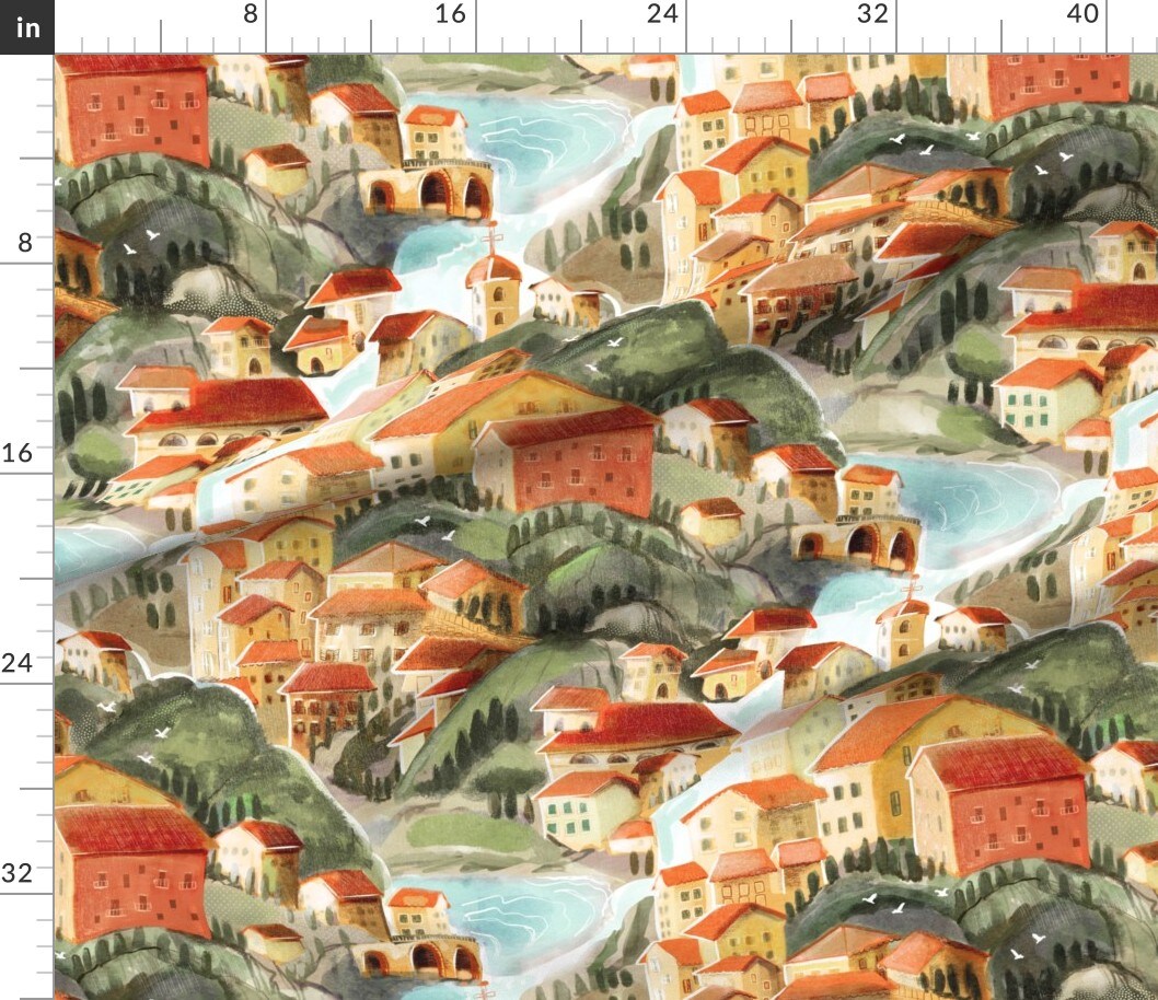 Petal Signature Cotton by the Yard or Fat Quarter Sunset Colorful Hand Drawn Landscape Italian Town Countryside Mountains Villa Large Scale Coastal Custom Printed Fabric by Spoonflower