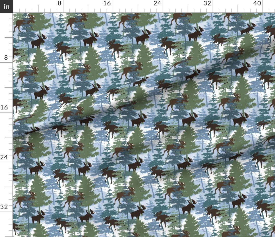 Blue Woods Outdoor Green Trees Moose Wildlife. Pines Forest Winter Custom Printed Fabric by Spoonflower Various Fabrics by the Yard or Fat Quarter