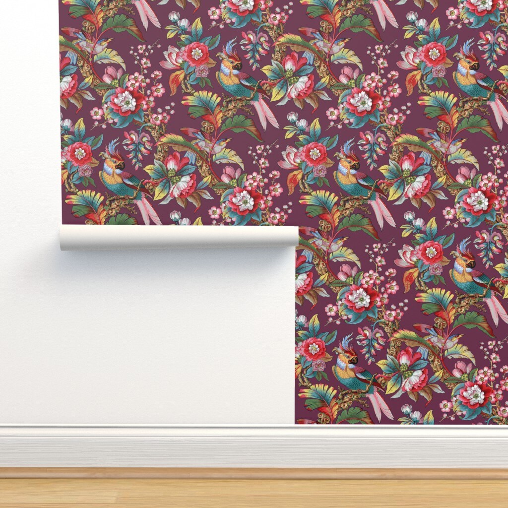 Purple Antique Birds Palm Jungle Tropical Magenta Burgundy Wine Mauve Botanical Parrot Victorian Edwardian Art Nouveau Large Scale Custom Removable Wallpaper by Spoonflower Peel & Stick Wallpaper 2FT Wide
